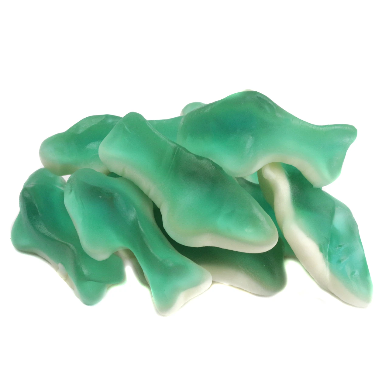 Blue raspberry mini gummy sharks, white marshmallow bottoms, 1.5 inch long, approx. 85 blue gummy sharks per pound.