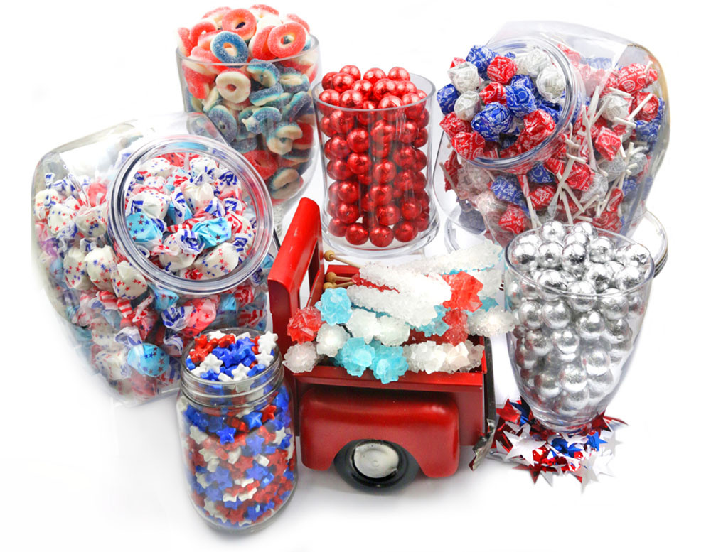 USA Patriotic Candy Buffet, red, white, blue, silver candy stars, lollipops, chocolate balls, gummy rings, taffy, rock candy.