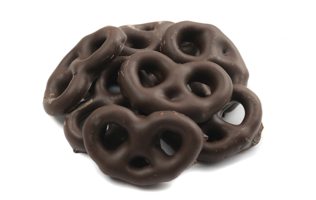 Ashers Dark Chocolate Mini Covered Pretzels, rich dark brown, salty sweet, approximately 80 small pieces per pound.
