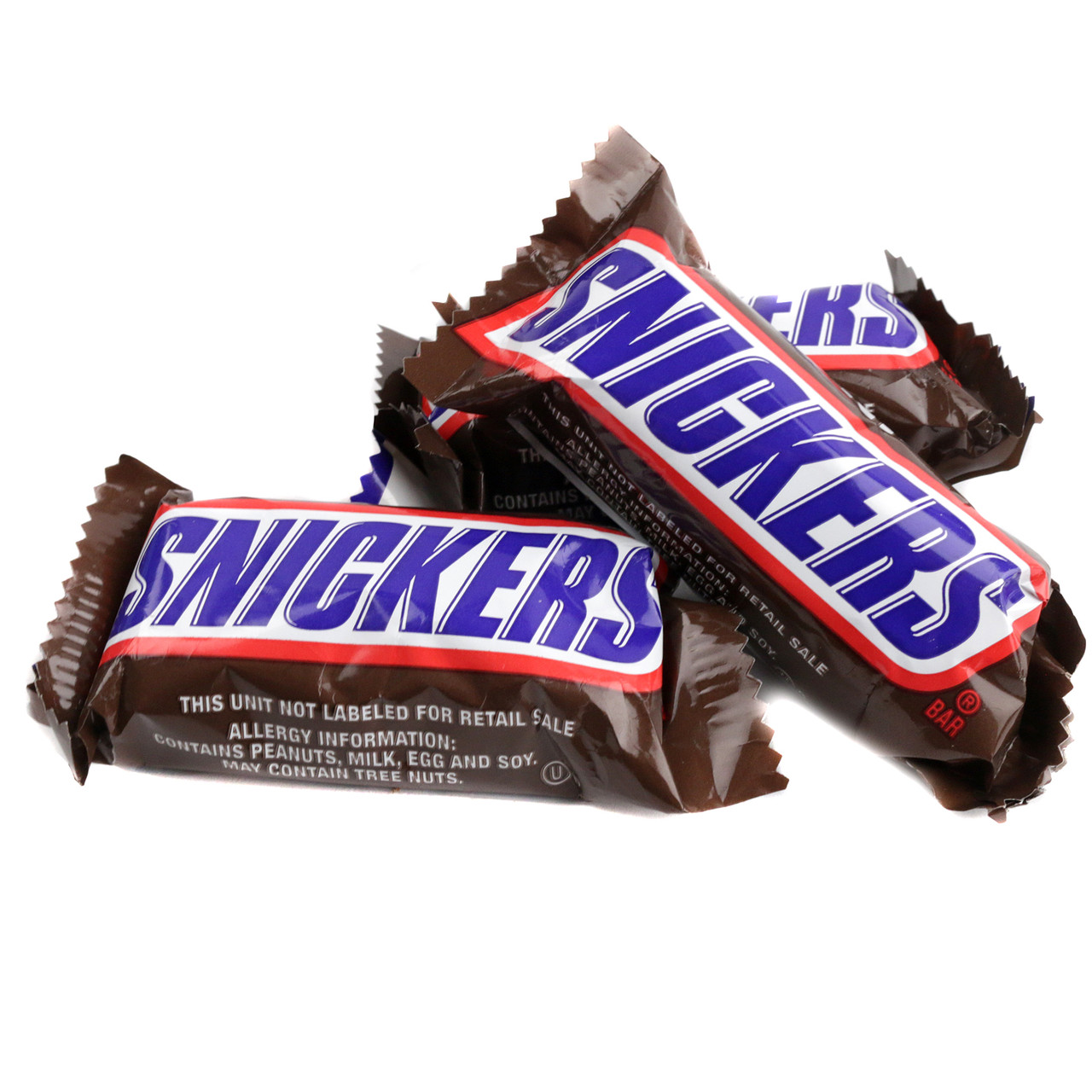 Snickers Fun Size candy bars, classic milk chocolate, chewy caramel, nougat, peanuts. Approximately 27 small bars per pound.
