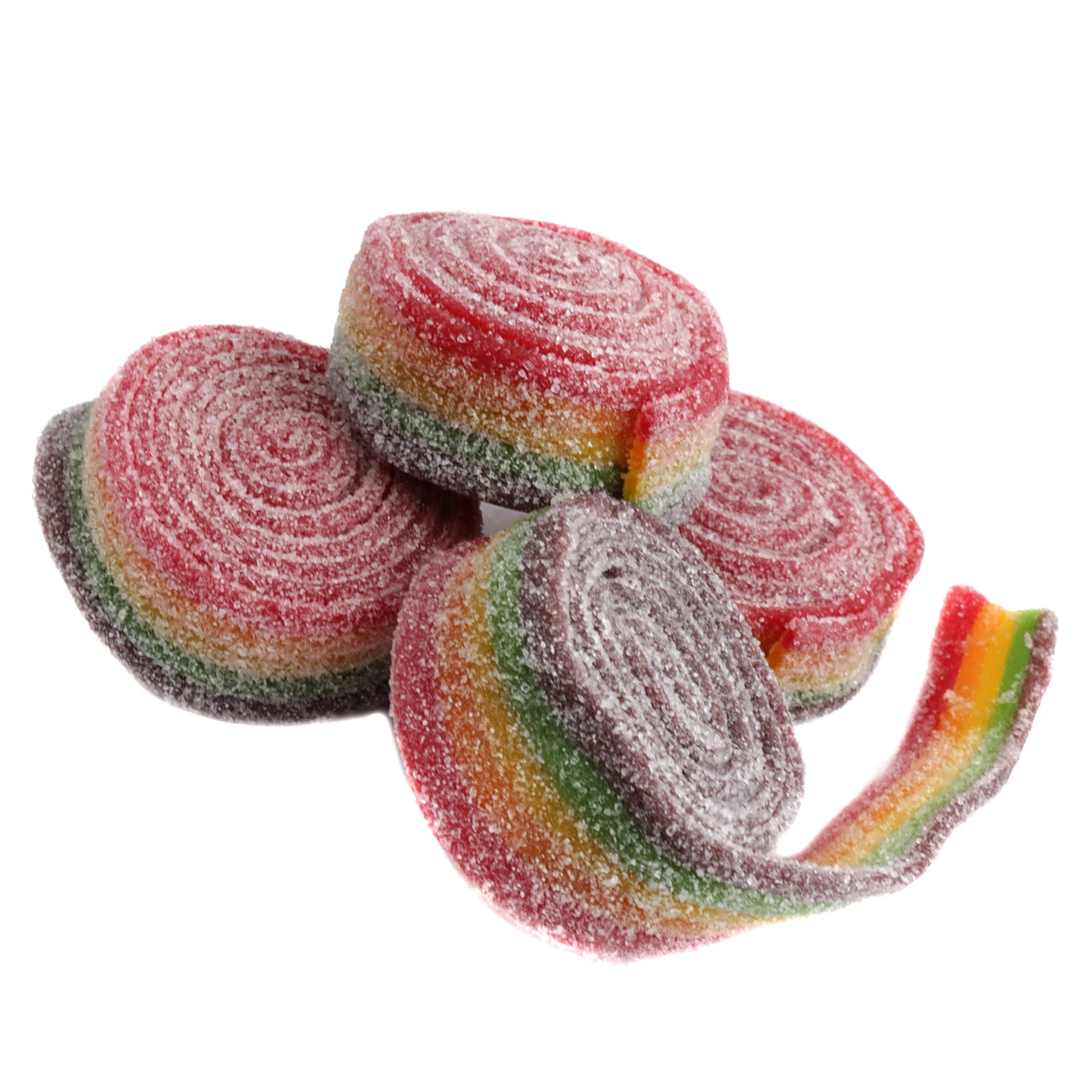 Rolled Rainbow Sour Belts, sweet and sour candy, approximately 12 pieces per pound.