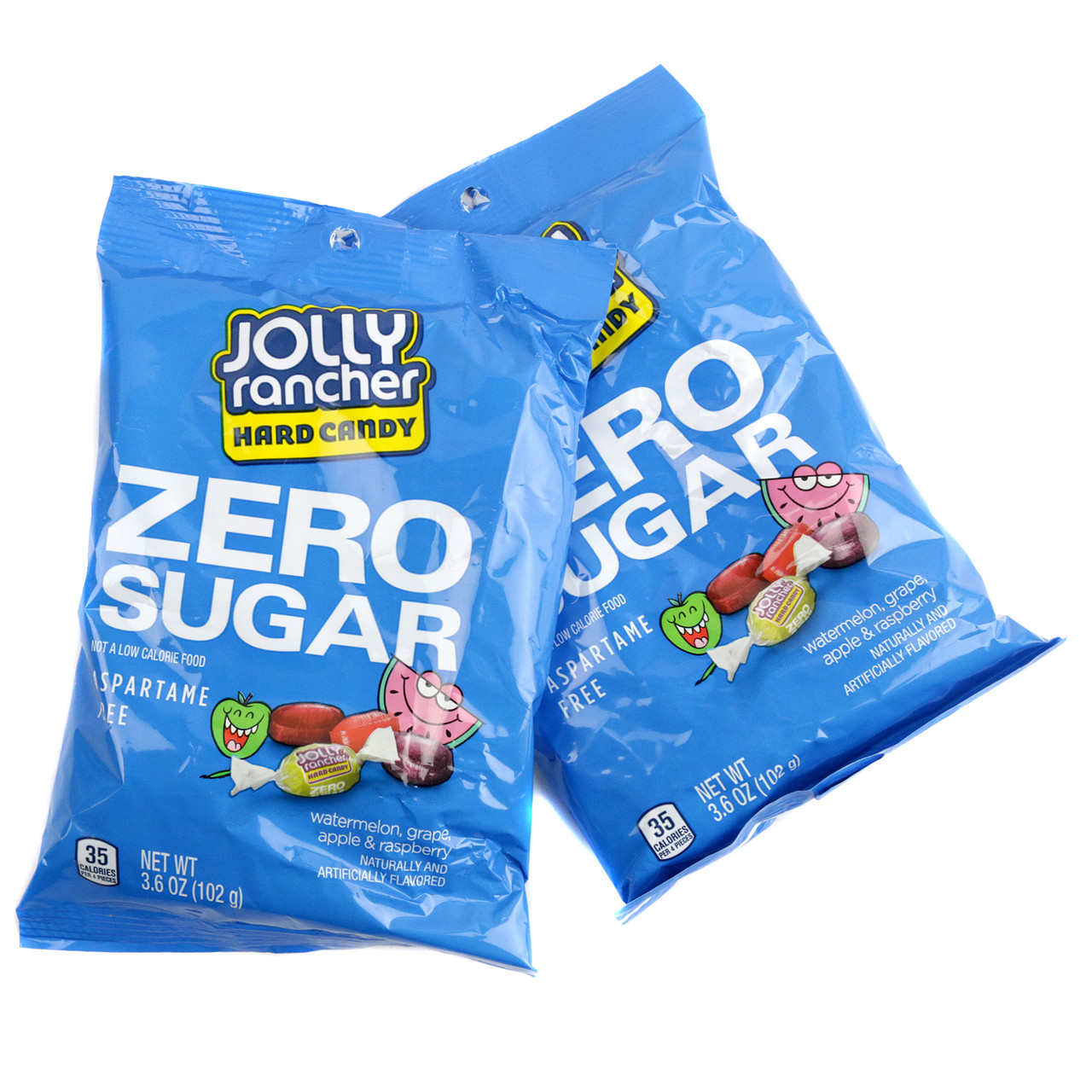 Assorted 3.6oz bag of sugar-free Jolly Ranchers, individually wrapped in purple, pink, green, red.