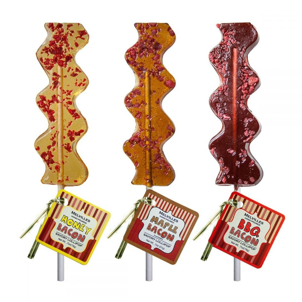 6 hand-poured Bacon Lollipops, assorted Maple, Honey, BBQ, individually wrapped, meat-free bacon bits.