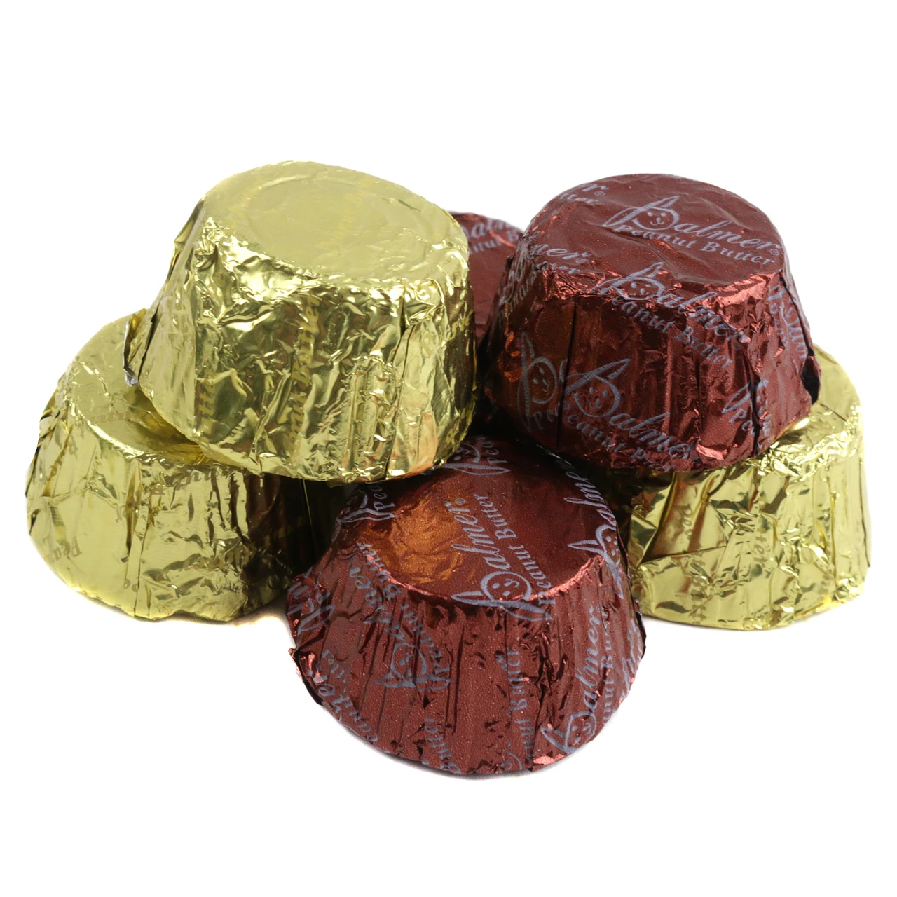 RM Palmer Halloween milk chocolate peanut butter cups, brown and gold foil-wrapped, approx. 40 pieces per pound.
