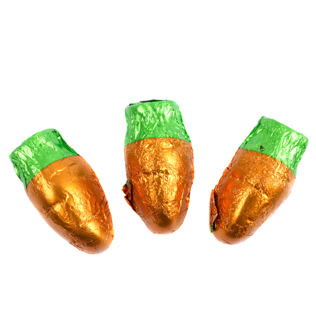 Orange foil-wrapped chocolatey Easter Bunny Carrots, double crisp. Individually wrapped, approx. 46 per pound.