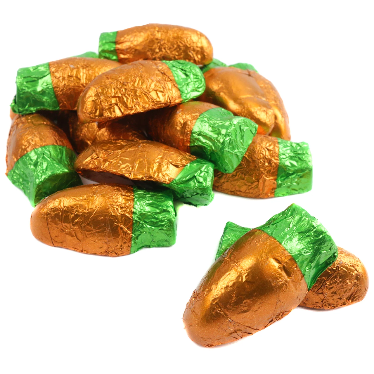 Individually wrapped orange foil chocolatey Easter Bunny Carrots. Double crisp candy, approx. 46 per pound, USA made.