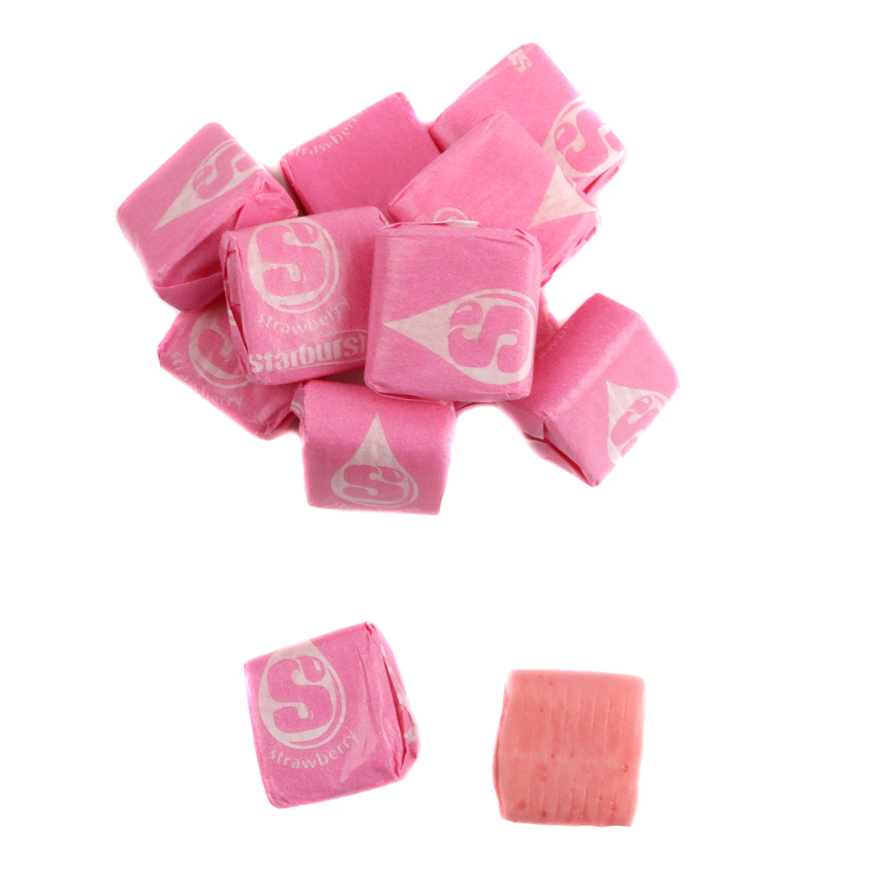 Large pile of vibrant pink, individually wrapped, strawberry flavored Starburst candy, approx 90 pieces per pound.