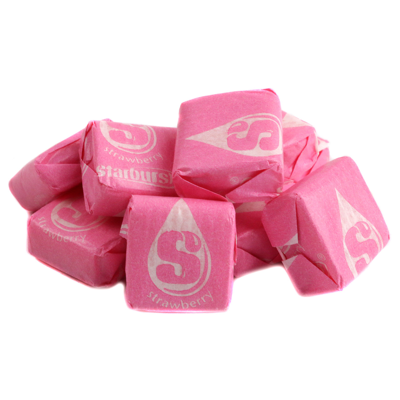 Vibrant pink Starburst strawberry chewy candy, individually wrapped. Bulk bag with approximately 90 pieces per pound.