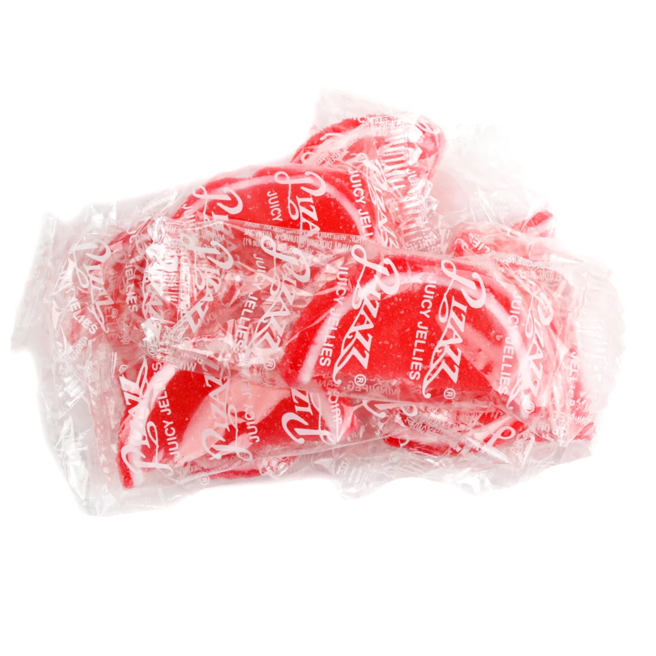 Cavalier Cherry Jelly Fruit Slices, red with white edges, sugar-dusted, individually wrapped, approx 32 per pound.