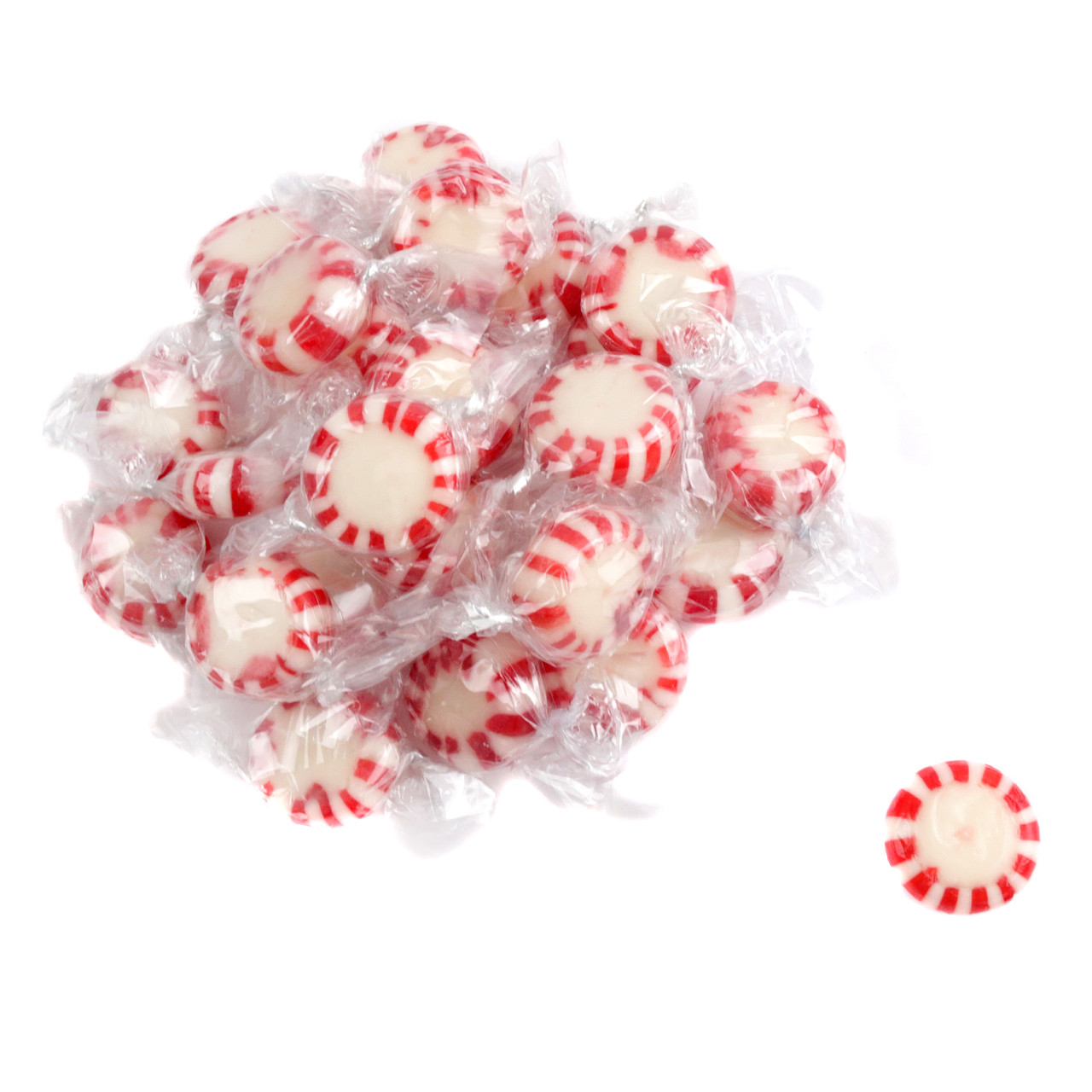 Quality Peppermint Starlight Mints, red and white swirl design, individually wrapped, approx. 100 mints per pound.