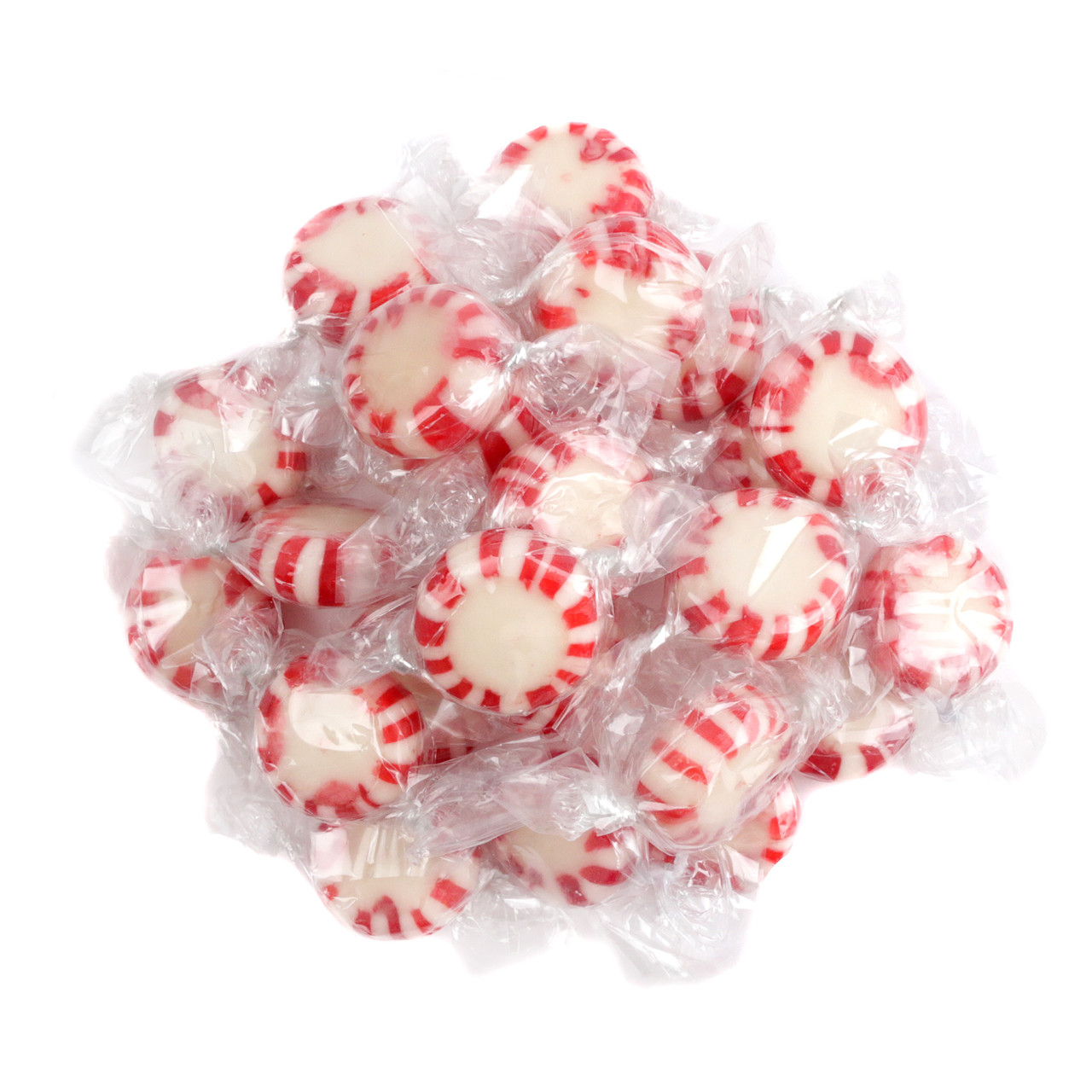 Quality Peppermint Starlight Mints, classic red and white swirl, approx 100 count per pound, individually wrapped.