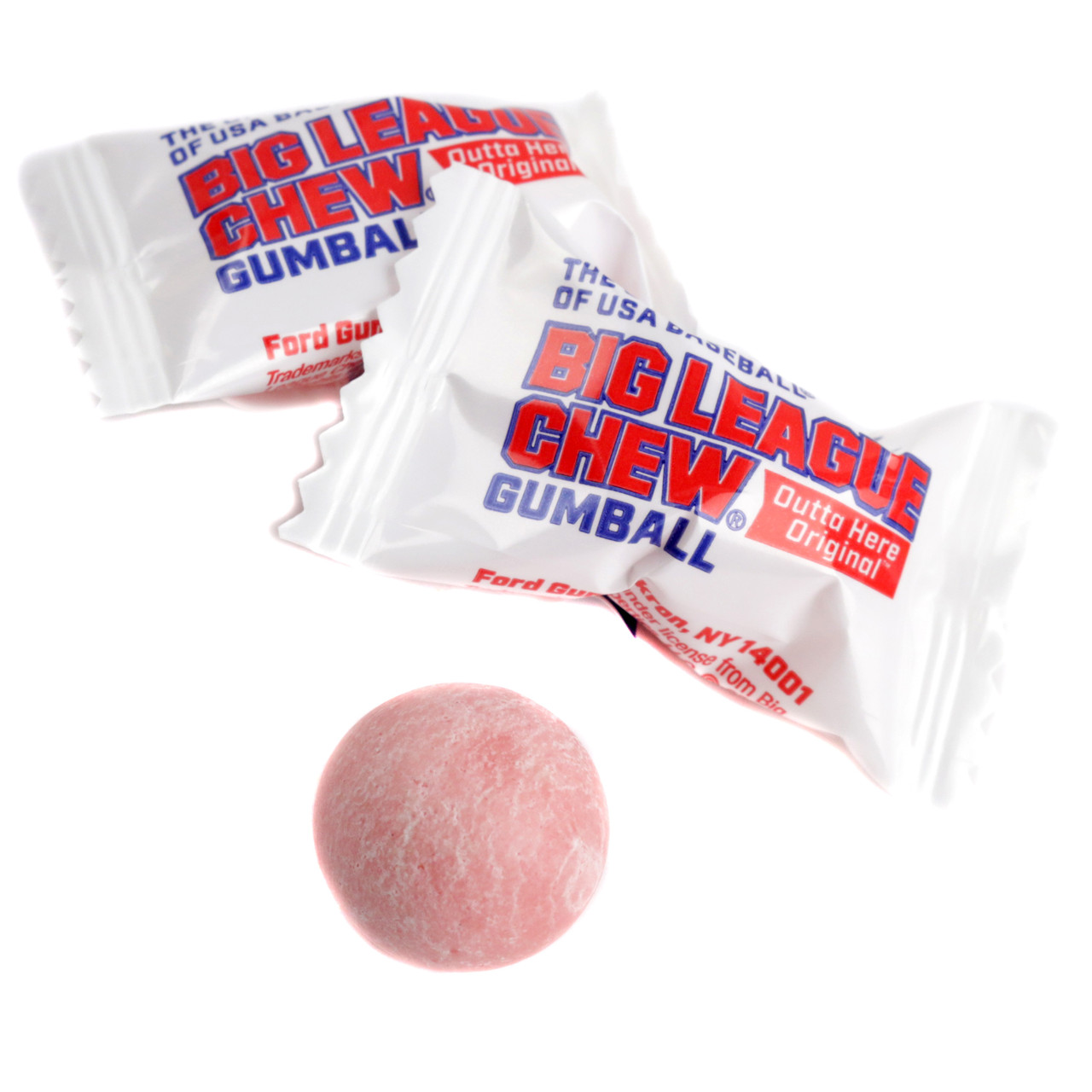 Pink Big League Chew gumballs, individually wrapped, Outta' Here Original flavor, approx. 70 per 1-lb bag.