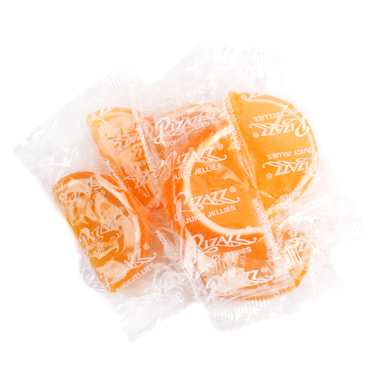 Vibrant orange jelly fruit slices, sugar-drenched, individually wrapped in clear cellophane, approx 32 slices per pound.