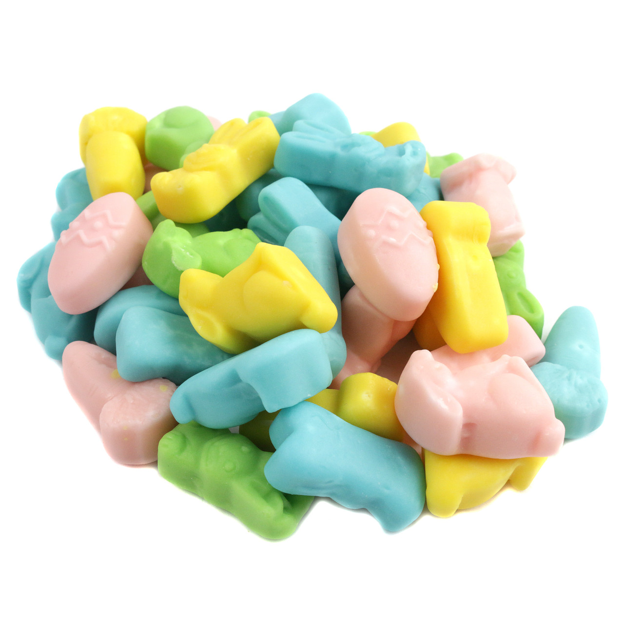 Pastel Easter mellocreme candy mix with egg and bunny shapes, approximately 95 pieces per pound.