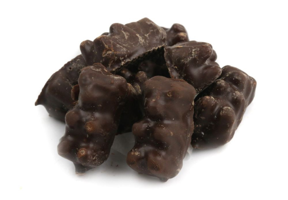 Koppers Dark Chocolate Covered Gummy Bears, approx. 135 per lb, velvety dark chocolate, colorful fruity gummies.