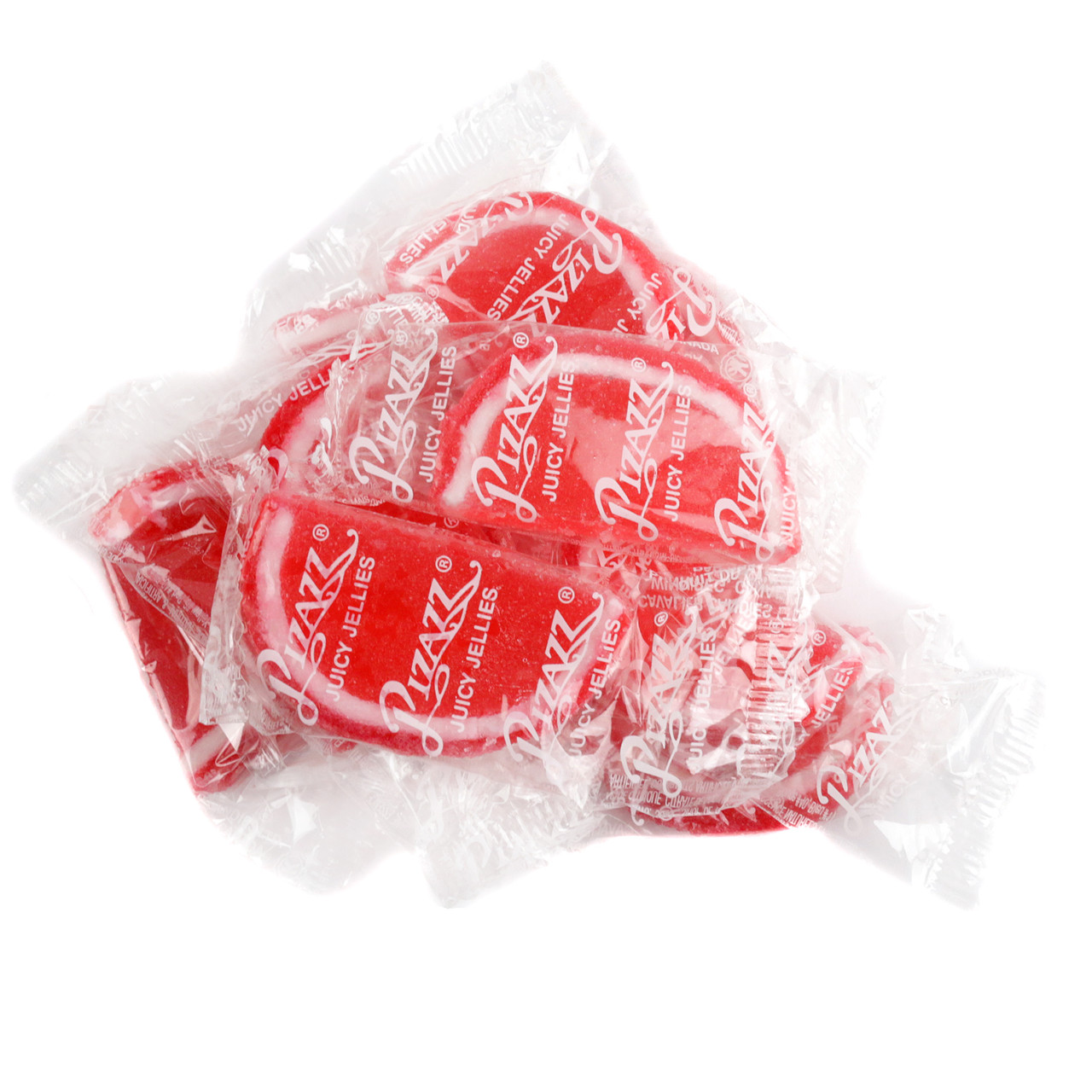 Red and white strawberry jelly fruit slices, sugar-drenched, individually wrapped in clear cellophane.