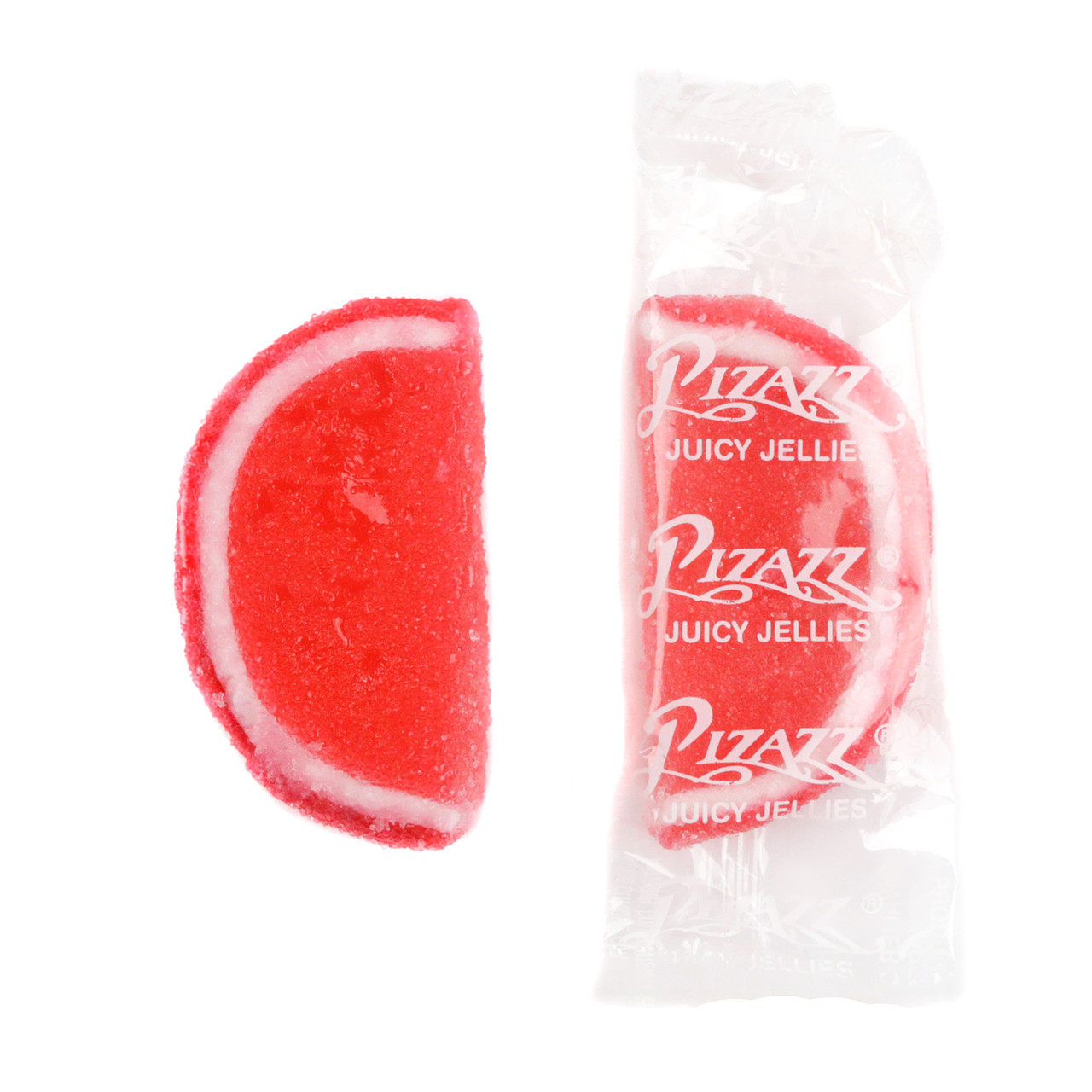 Wrapped strawberry jelly fruit slices, red center, red and white edges, sugar drenched. Approx 32 per lb.