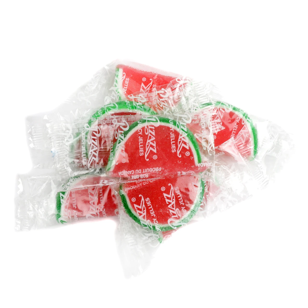 Individually wrapped watermelon jelly fruit slices, bright pink center, green & white edge, sugary coating.