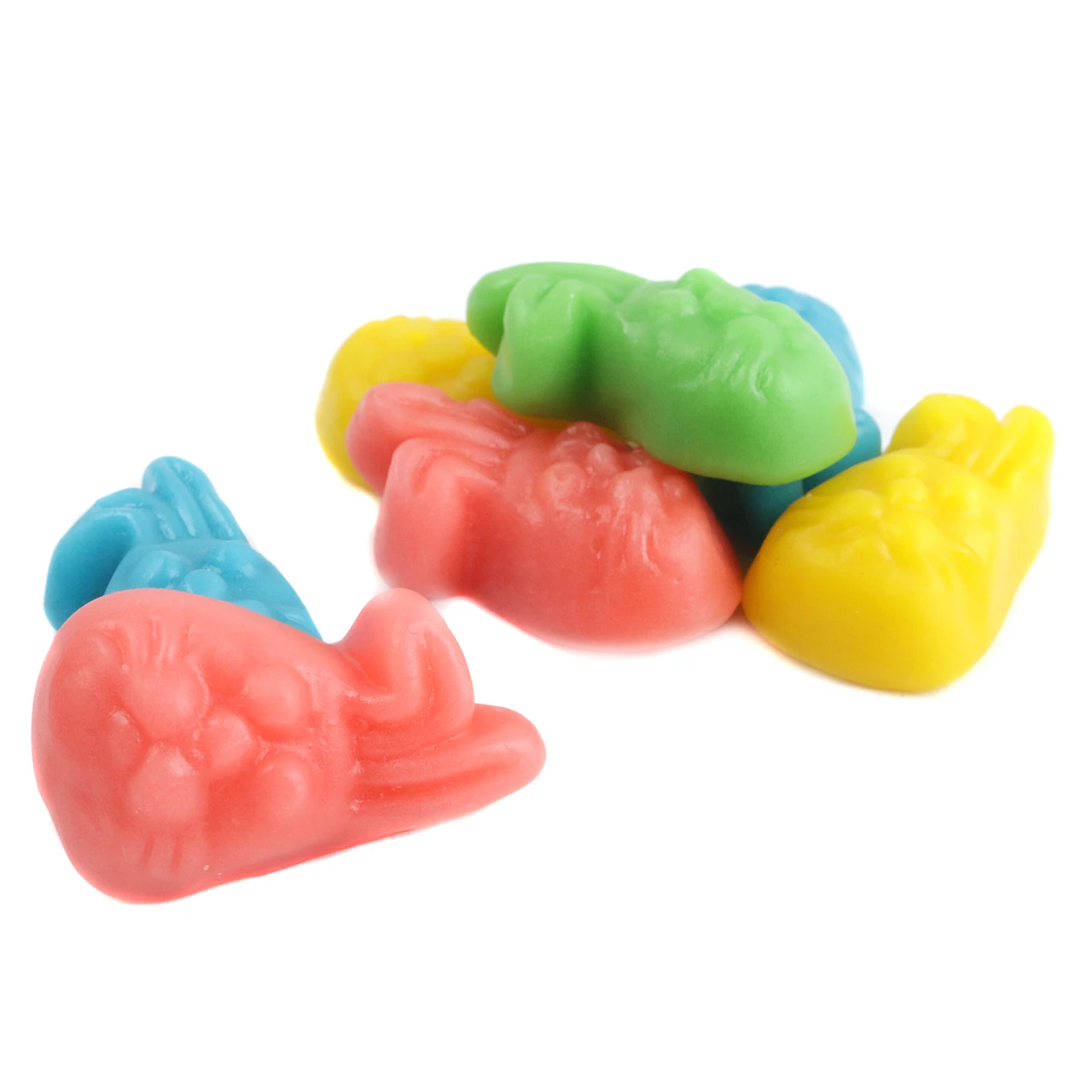 Vidal Gummy Bunnies, pastel yellow green blue pink, cute bunny faces, creamy strawberry flavor, Easter candy.