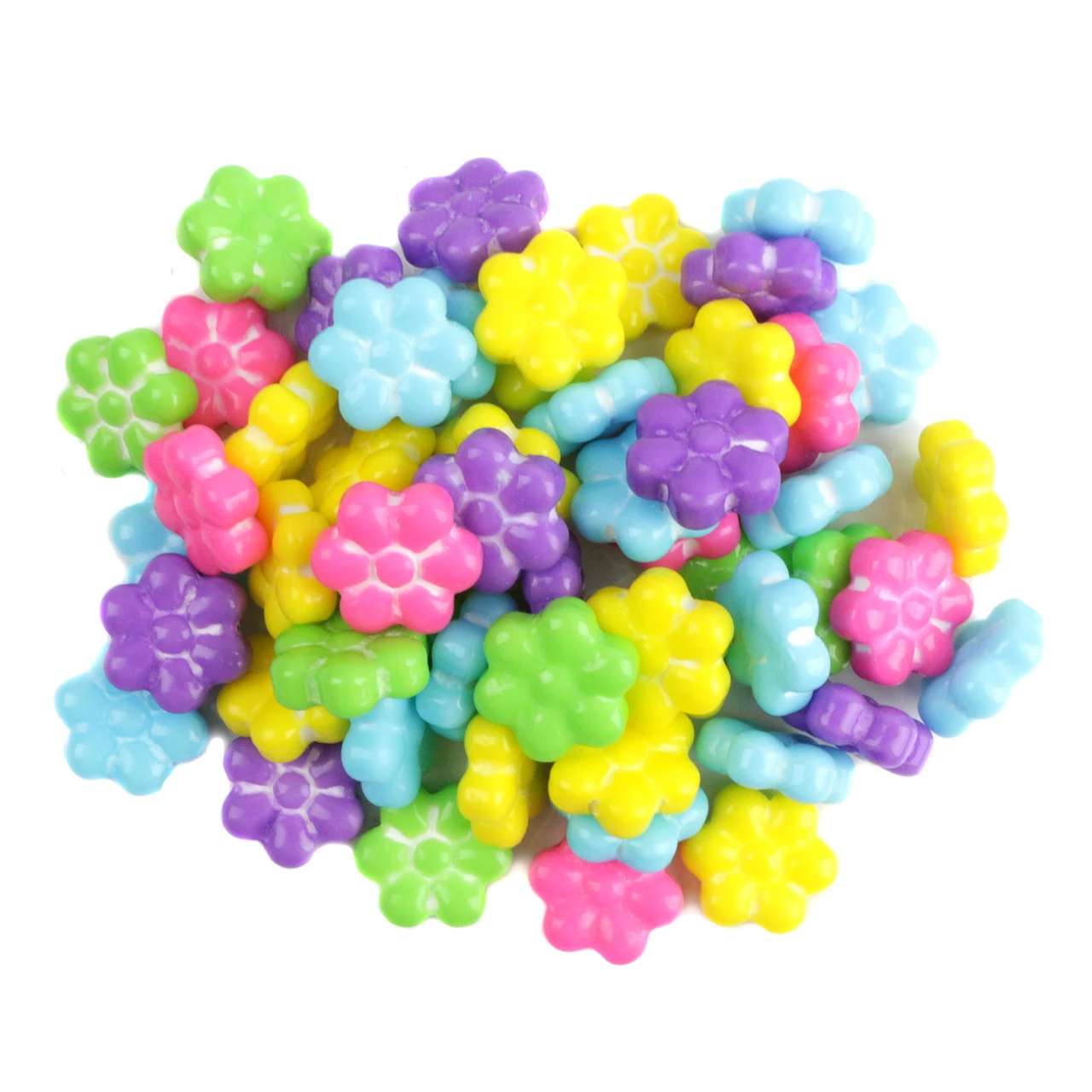 5 vibrant color flower-shaped pressed candies, sweet, tart. Approx 340 per pound for Easter baskets, dessert toppings.