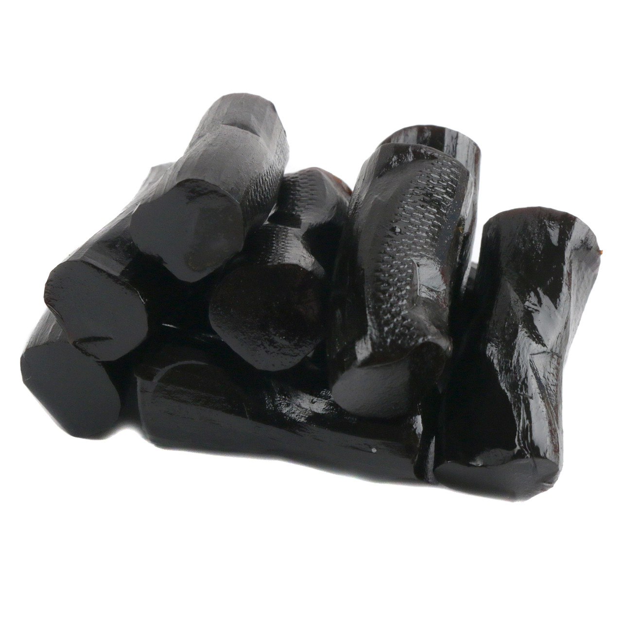 Finnska Salty Soft Black Licorice, many dark black pieces, soft chewy texture, imported Finnish candy, rich salty flavor.