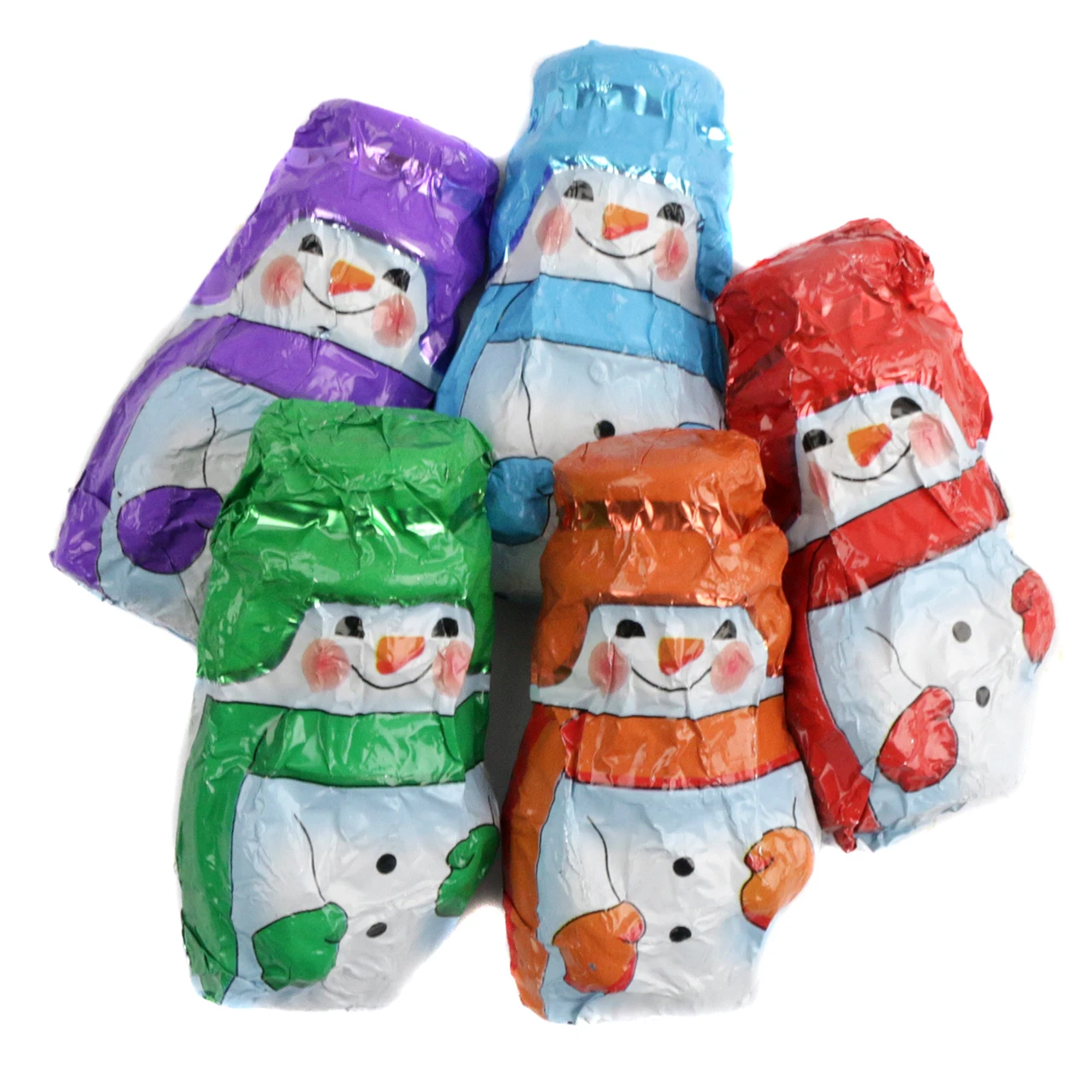 Madelaine miniature solid milk chocolate snowmen, individually wrapped in shiny foil, approx 50 per pound, Christmas.