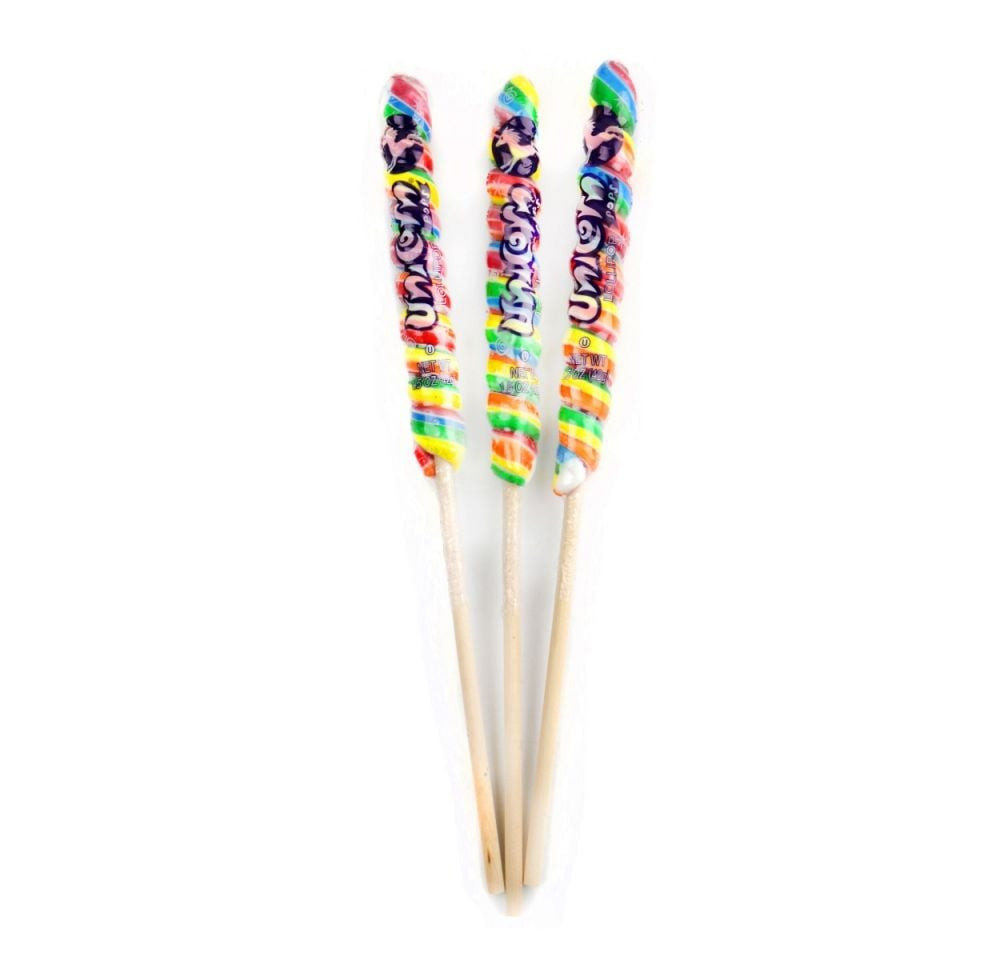 12 vibrant, 12-inch, 1.5oz Unicorn Pops. Sweet, fruity, rainbow-colored lollipops, 12 pieces.