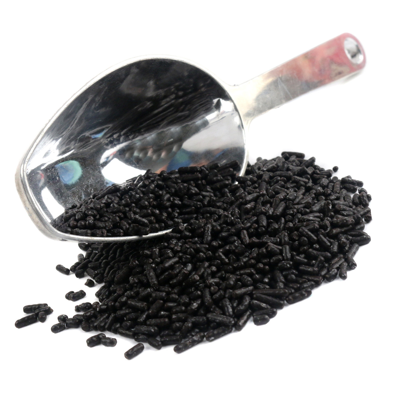 Sprinkle King black sprinkles, small, irregularly shaped. Rich black Halloween sprinkles for cakes, cookies, desserts.