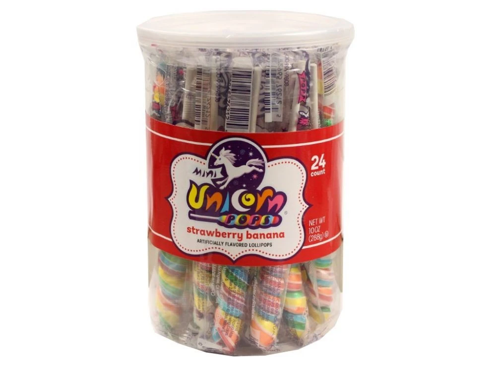 24 rainbow unicorn lollipops, 6 inches long, individually wrapped. Colorful candy in mini jars.
