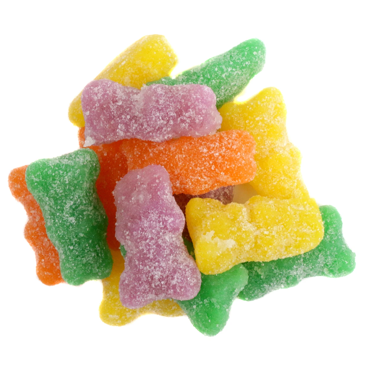 Pastel sour gummy Juju Bunnies, assorted grape, lemon, tangerine, apple flavors. Approx 100 per pound, USA-made Easter candy.