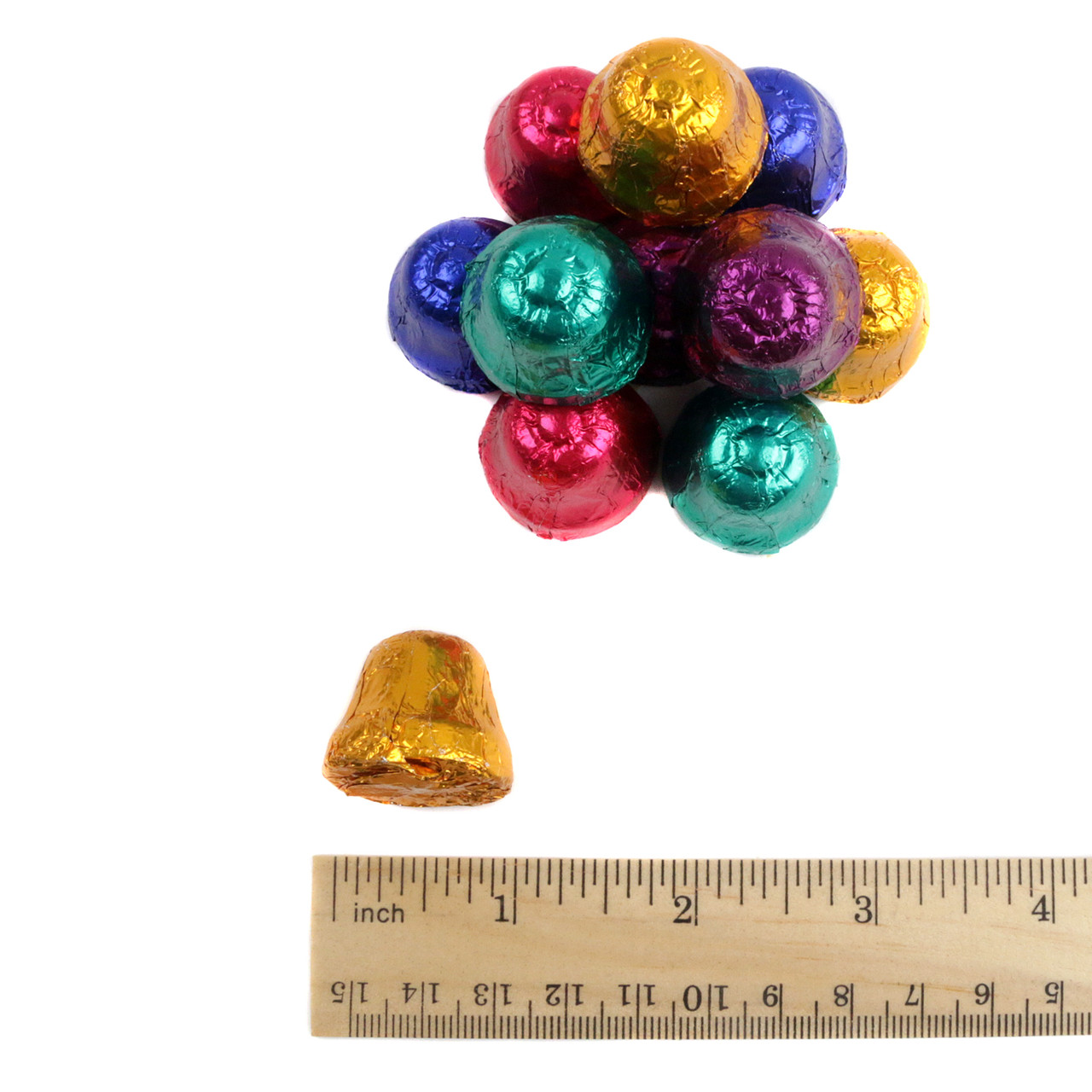 Dark Chocolate Christmas Bells, vibrant Christmas colors, highly detailed, approximately 60 per pound.