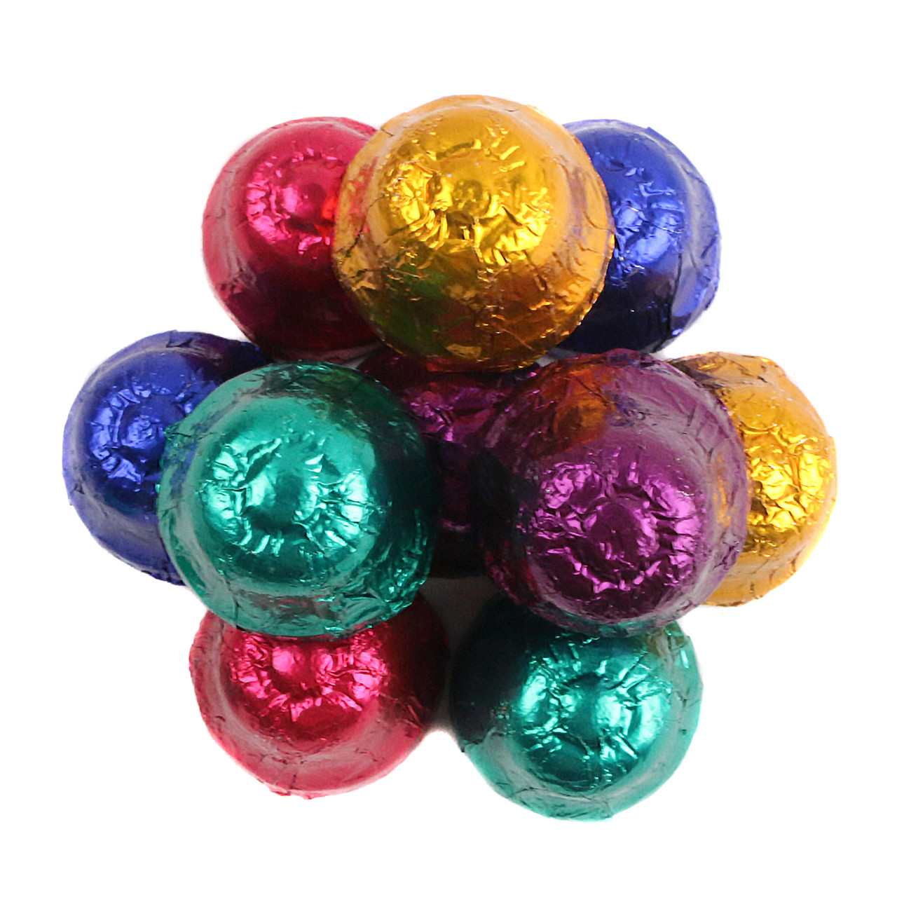 Madelaine Dark Chocolate Christmas Bells, vibrant foil wrapped, highly detailed, approx 60 per pound.