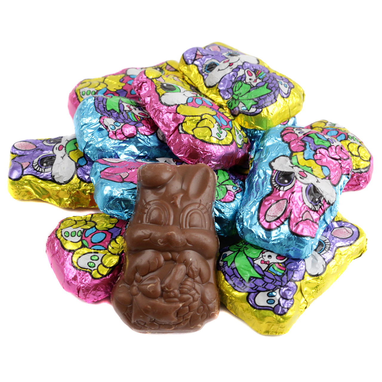 Palmer Bright Chocolate Easter Bunnies, individually wrapped in colorful foils, approx. 45 per pound.