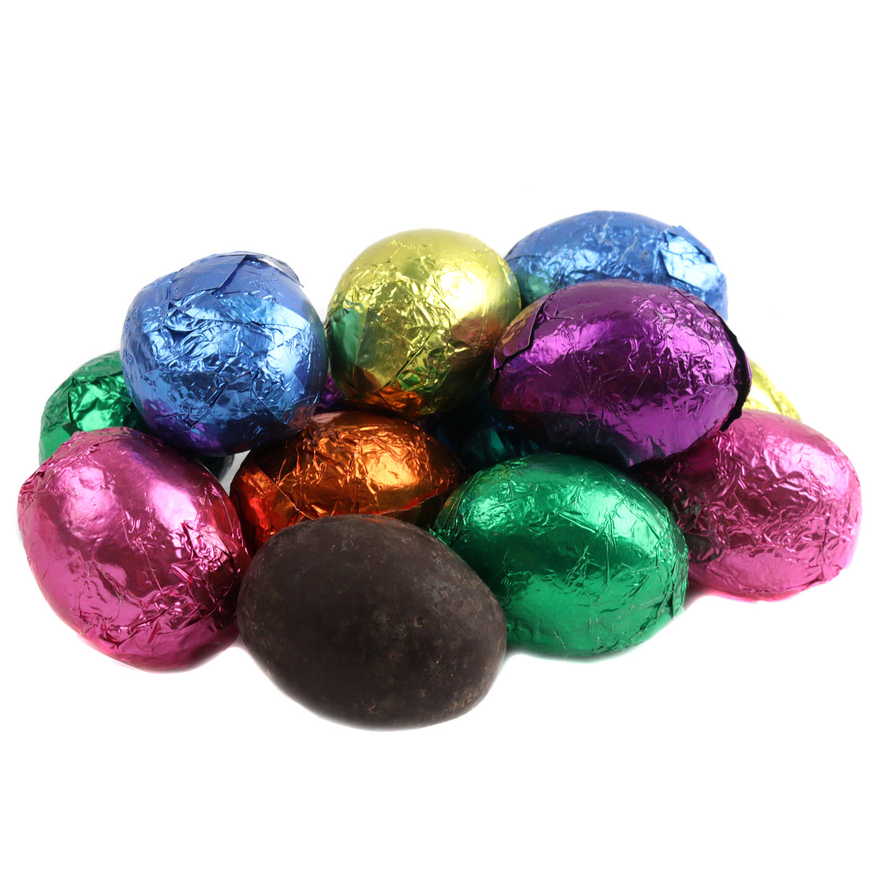 Vibrant jewel-tone foil wrapped dark chocolate Easter eggs, approximately 63 eggs per pound.