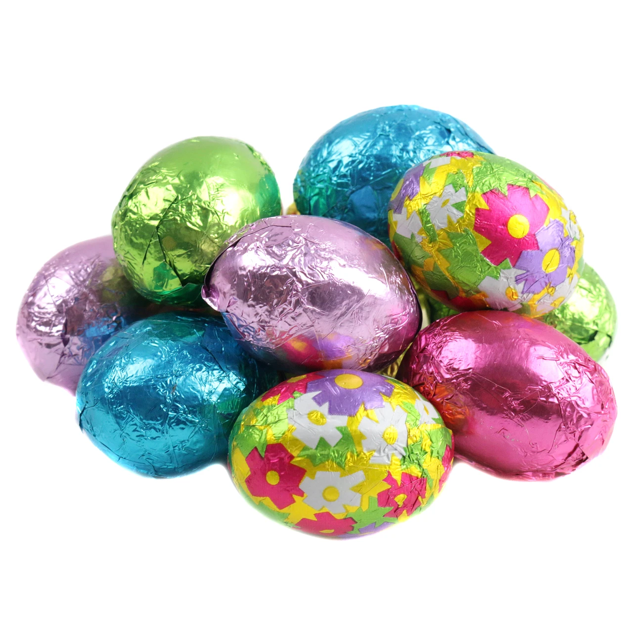Madelaine Milk Chocolate Easter Eggs, 1-inch, solid colors & floral printed foils, approx 63 eggs per pound, USA.