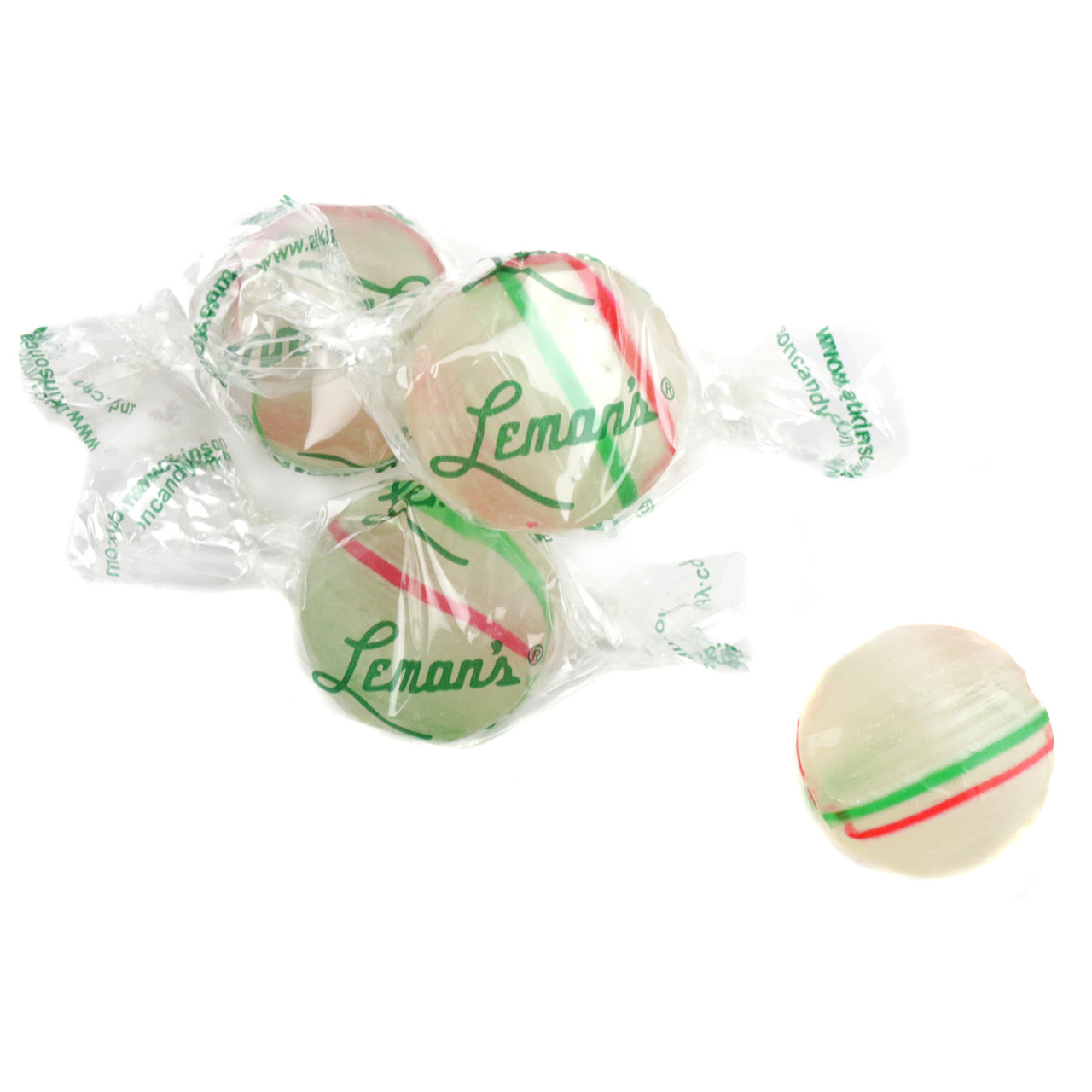 Leman's Mint Hard Candy, individually wrapped, with thin red and green stripes. Refreshing peppermint flavor, approx. 75 pieces.