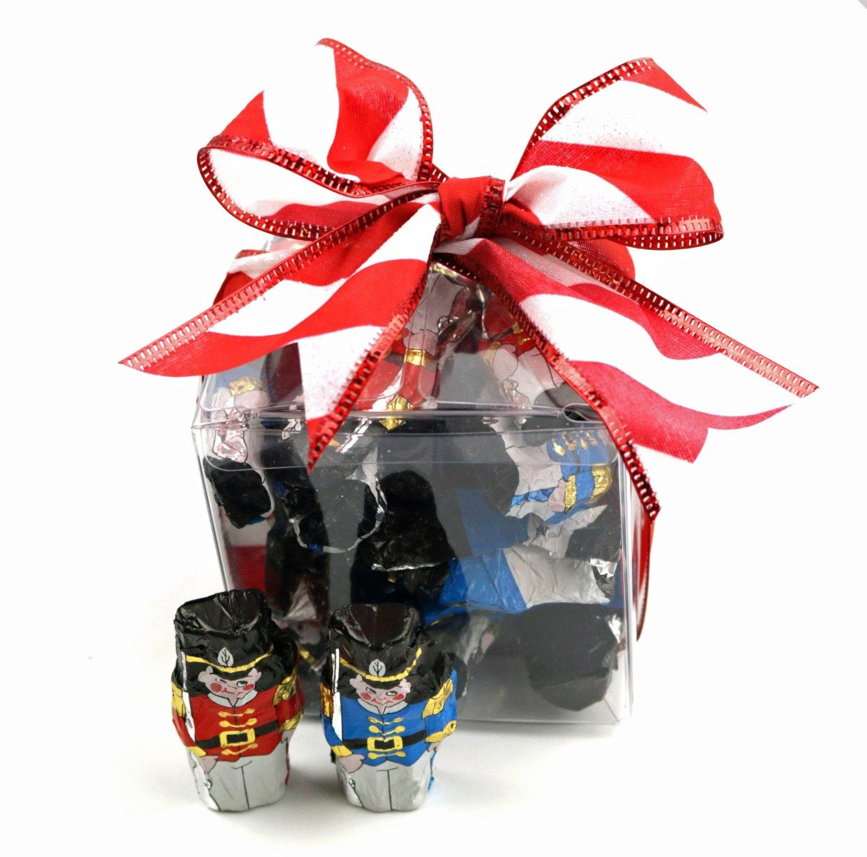 Madelaine 1/2 lb milk chocolate toy soldier candy treat cube with festive bow, Christmas gift or stocking stuffer.