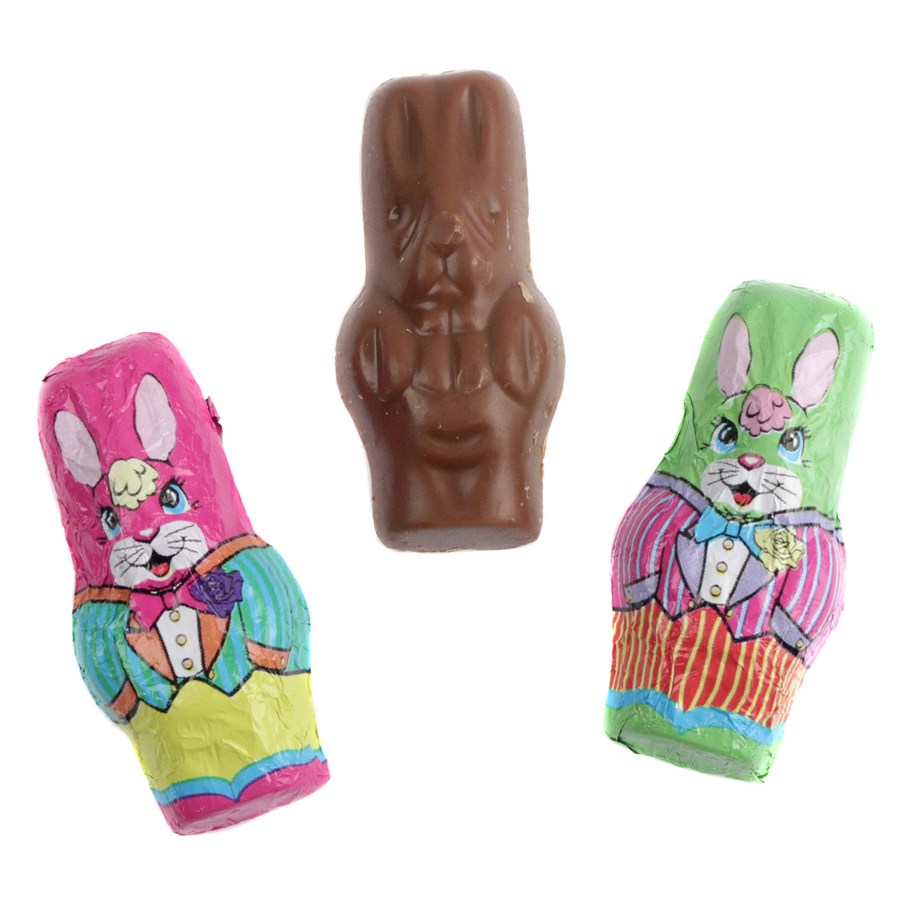 Colorful foil wrapped Madelaine Milk Chocolate Bunnies, bite-sized solid treats, approx 52 per pound, Easter candy