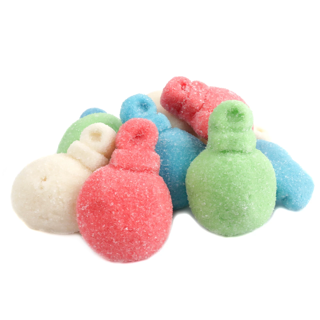 Red, green, blue, white gummy Christmas ornaments, ornament-shaped, 1.5-inch, 65 per lb. Festive holiday candy.
