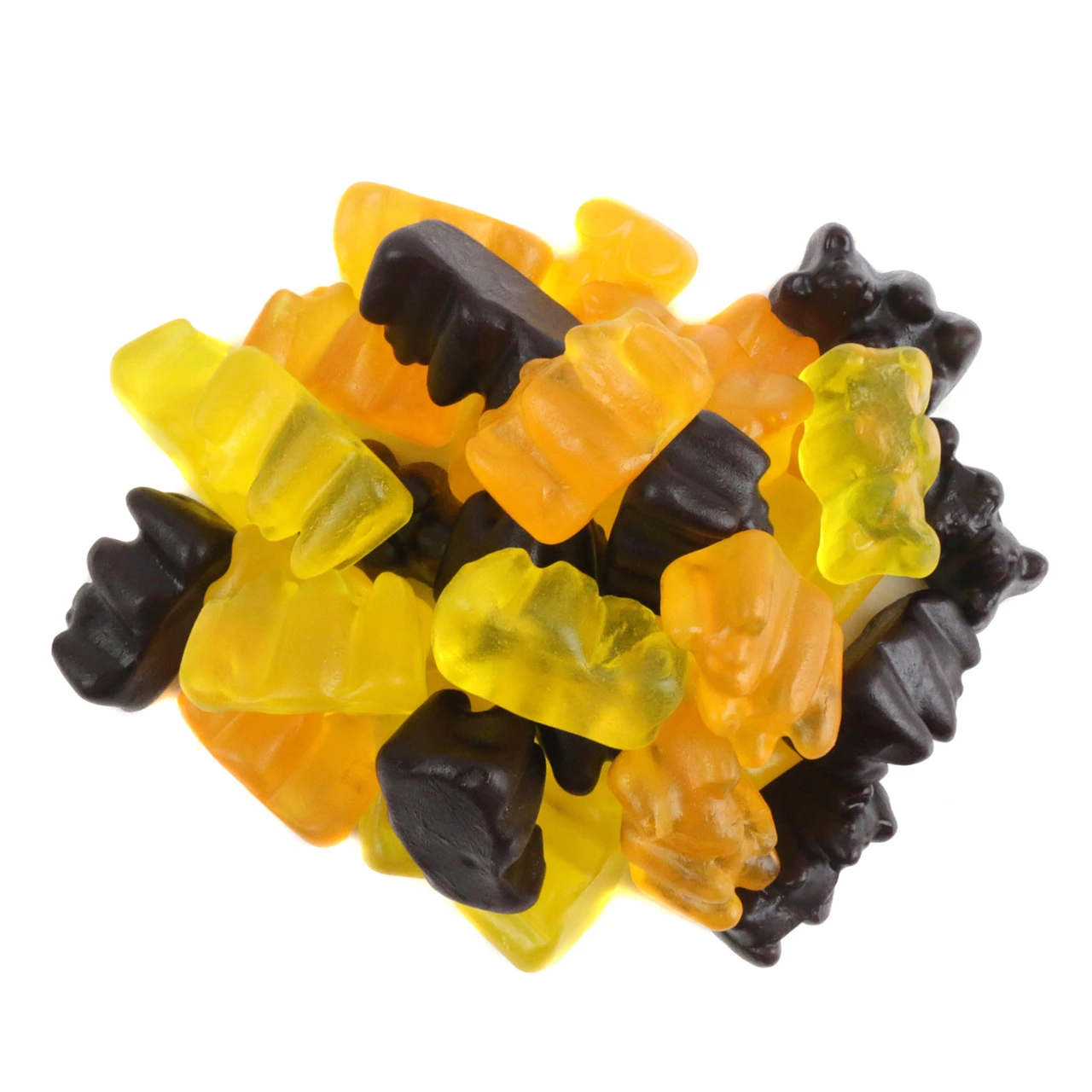 Autumn Halloween Gummy Bears, vibrant orange & traditional colors, 1'' tall, 60 per pound, lemon, orange, black currant flavors.