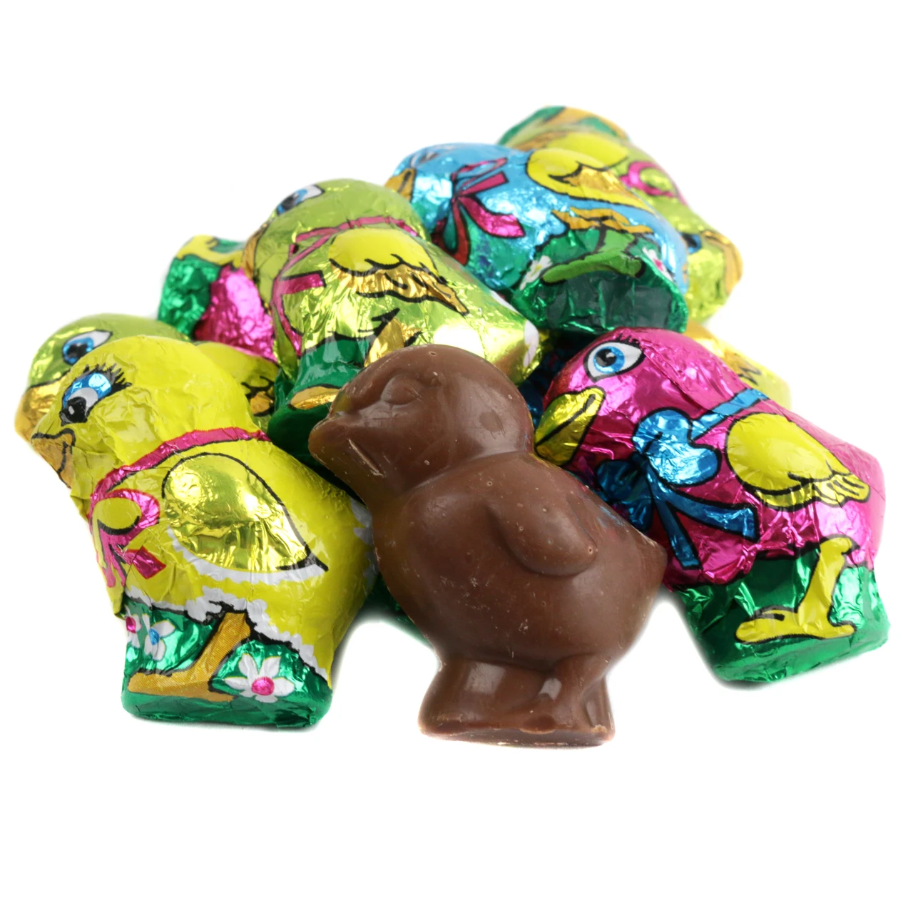 Solid milk chocolate Easter chicks, approx. 50 per lb, wrapped in bright, colorful Italian foils.