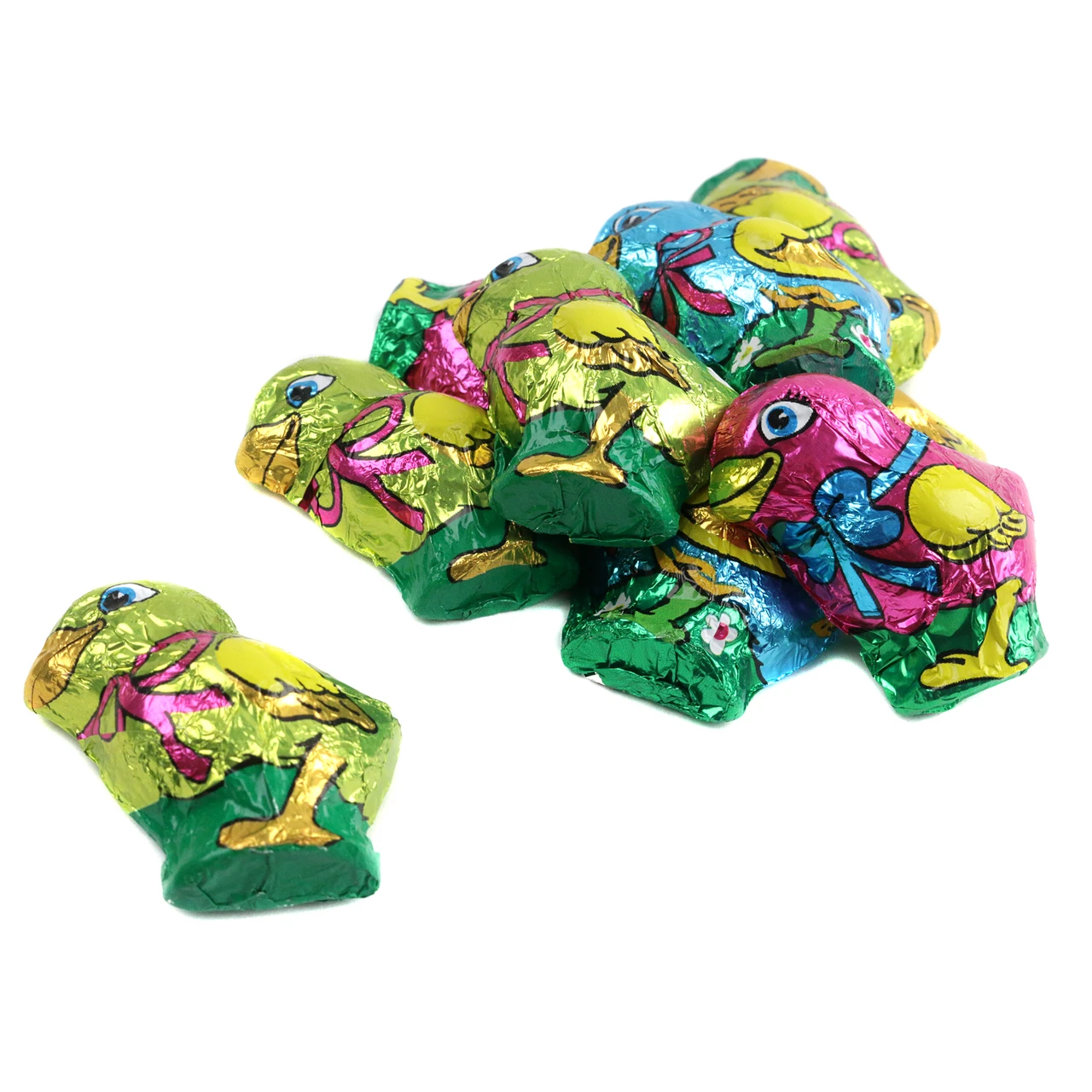 Milk Chocolate Easter Chicks, solid premium milk chocolate, bite-sized, individually wrapped in bright colorful foils, approx 50 per lb.
