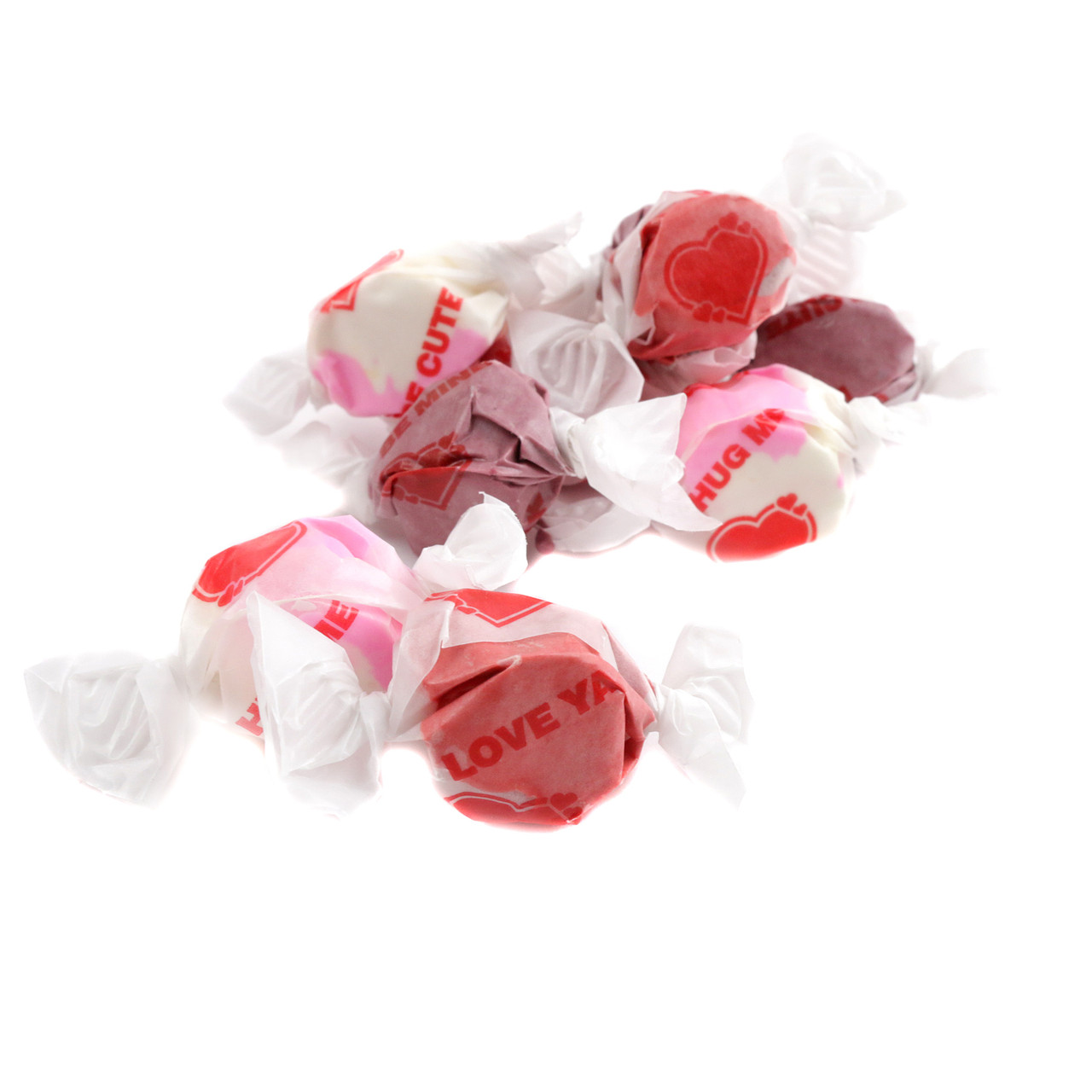 Valentine's Day Conversation Heart salt water taffy, berries & cream, pastel pink, white with messages, approx. 60 pieces.