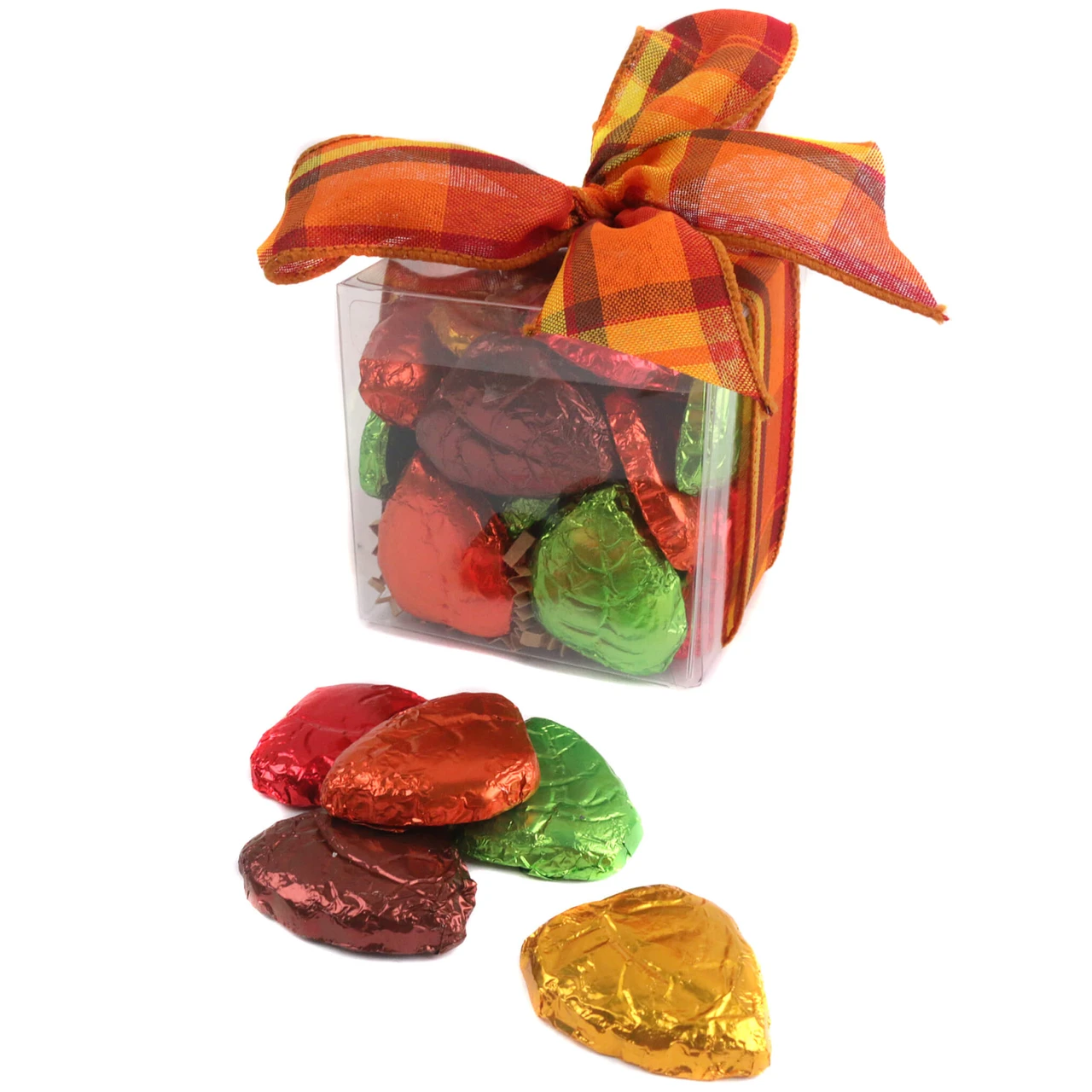 1/2 lb Madelaine milk chocolate Fall leaf treats in a clear display box with festive ribbon.