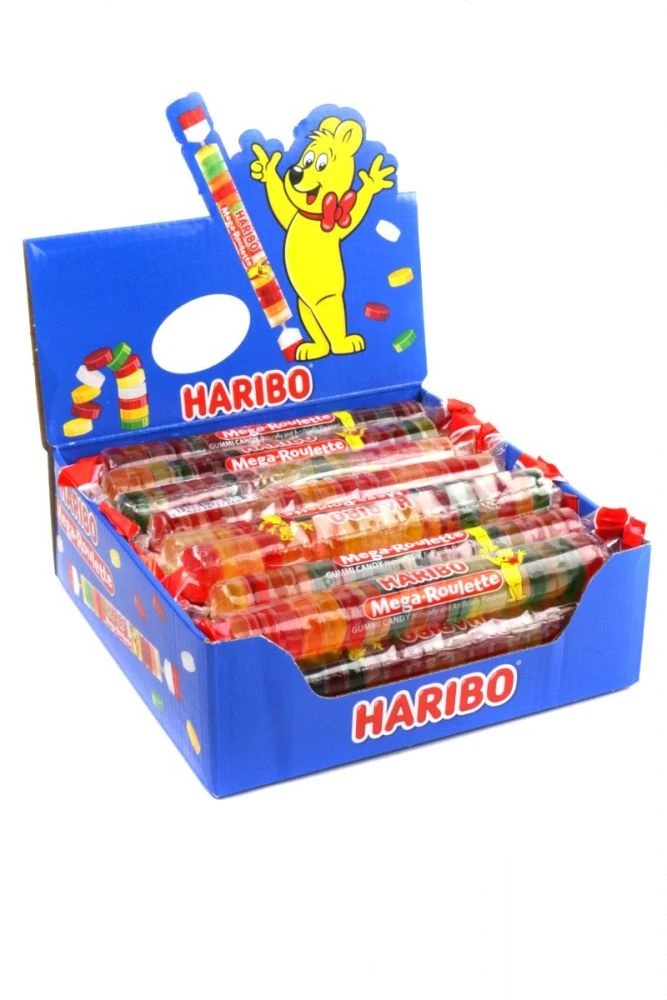 Haribo Mega Roulette, 24 assorted fruit-flavored gummy rolls, pineapple, strawberry, lemon, raspberry, orange, rainbow colors.