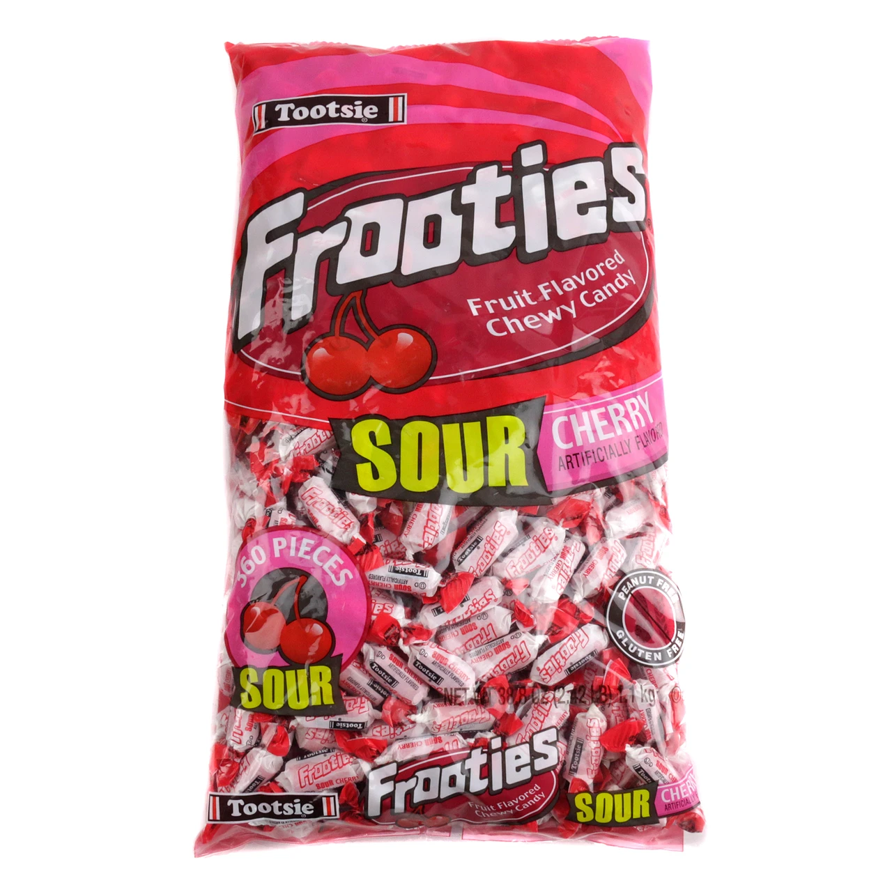360 Sour Cherry Frooties, individually wrapped red chewy candies.