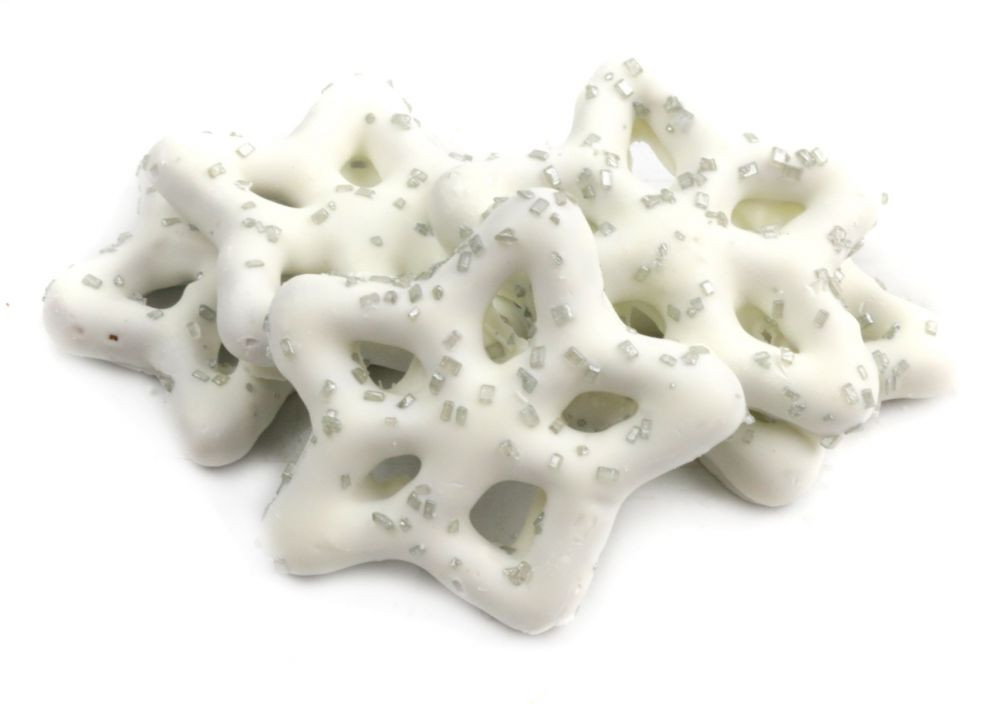 White snowflake yogurt pretzels, shimmering silver sprinkles. Approx. 50 pieces per pound, festive holiday candy.