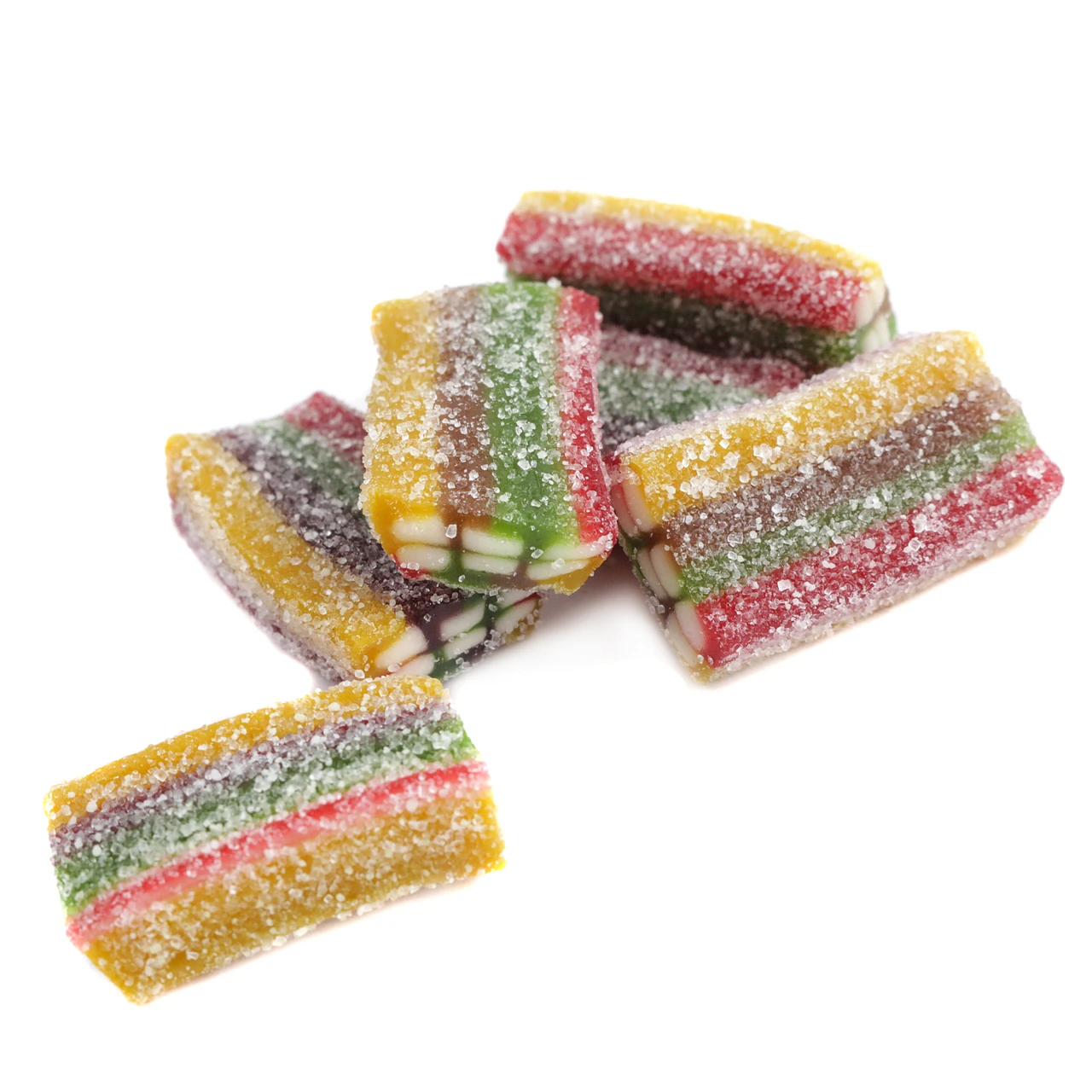 Vibrant rainbow Gummy Candy Bricks, fruit-flavored licorice candy, sour sugar dusted.