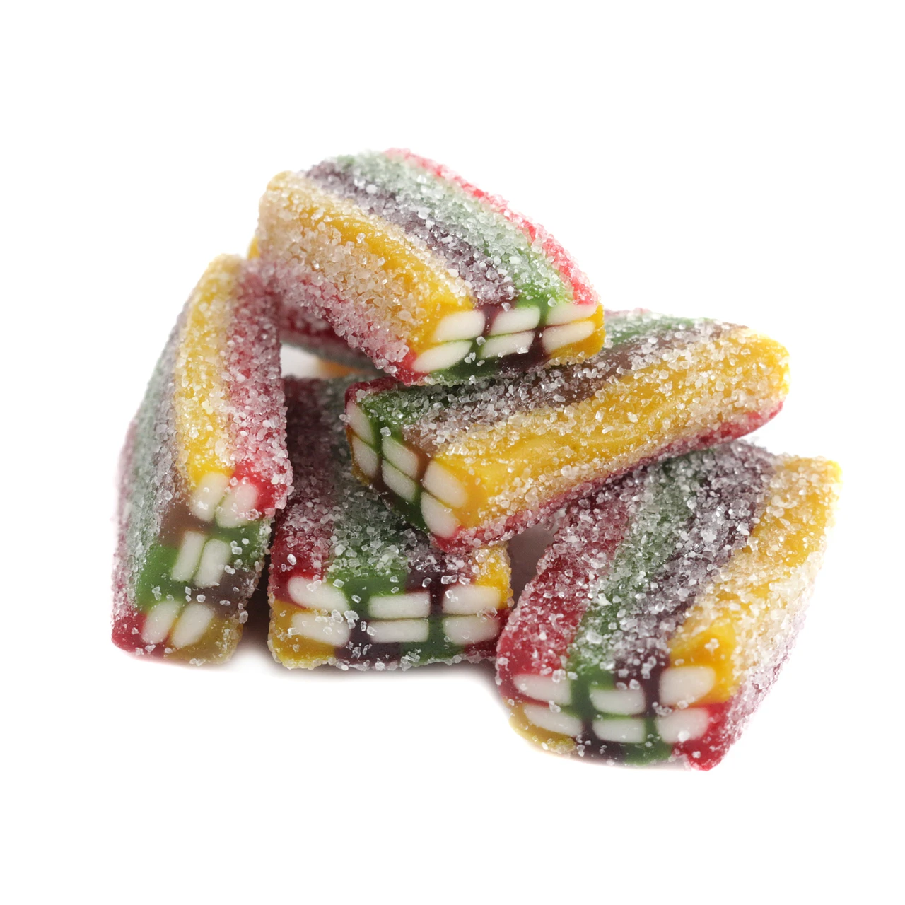 Gummy Rainbow Candy Bricks, fruit-flavored licorice with vibrant rainbow colors and sour sugar dusting.