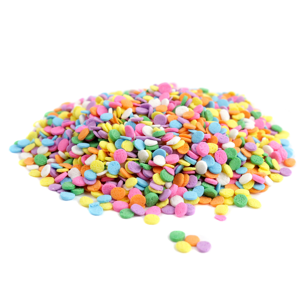 Assorted colorful pastel confetti sprinkles, sequin shapes for Easter baking, cupcakes, cakes, cookies, and sweet dessert toppings.